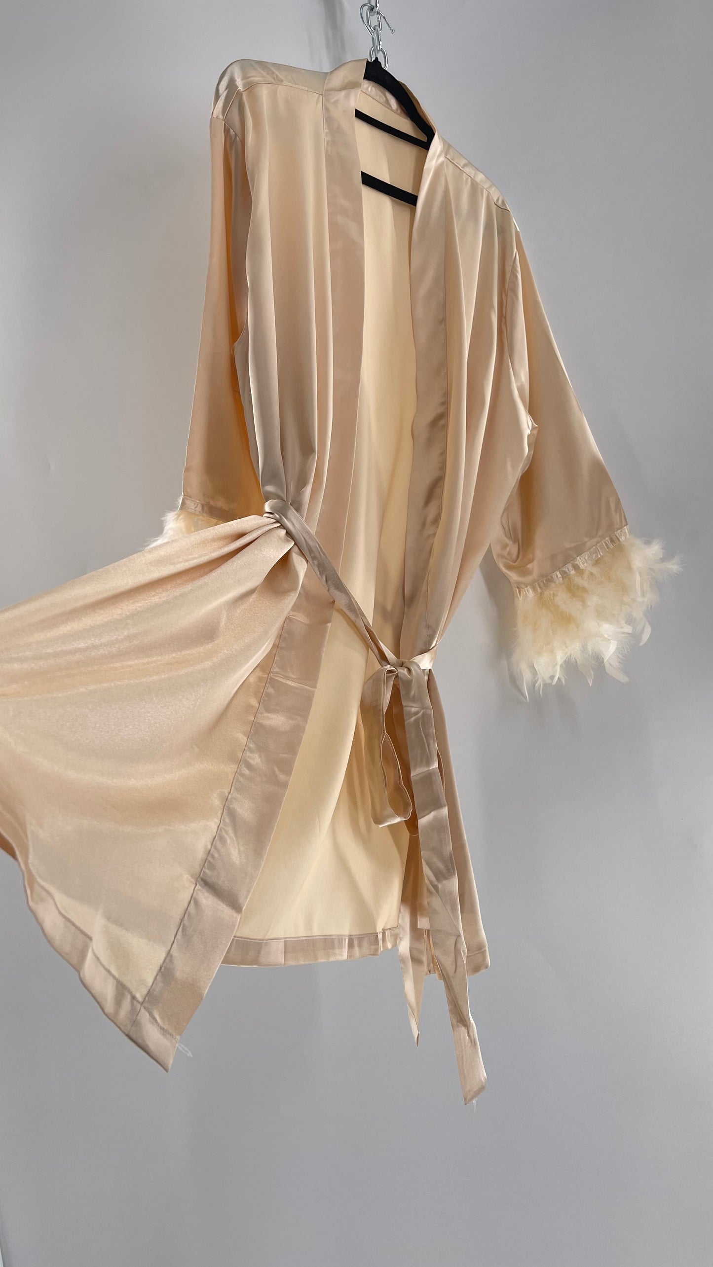 Champagne Satin Loungewear 2piece Set with Ostrich Feather Trim (3XL)