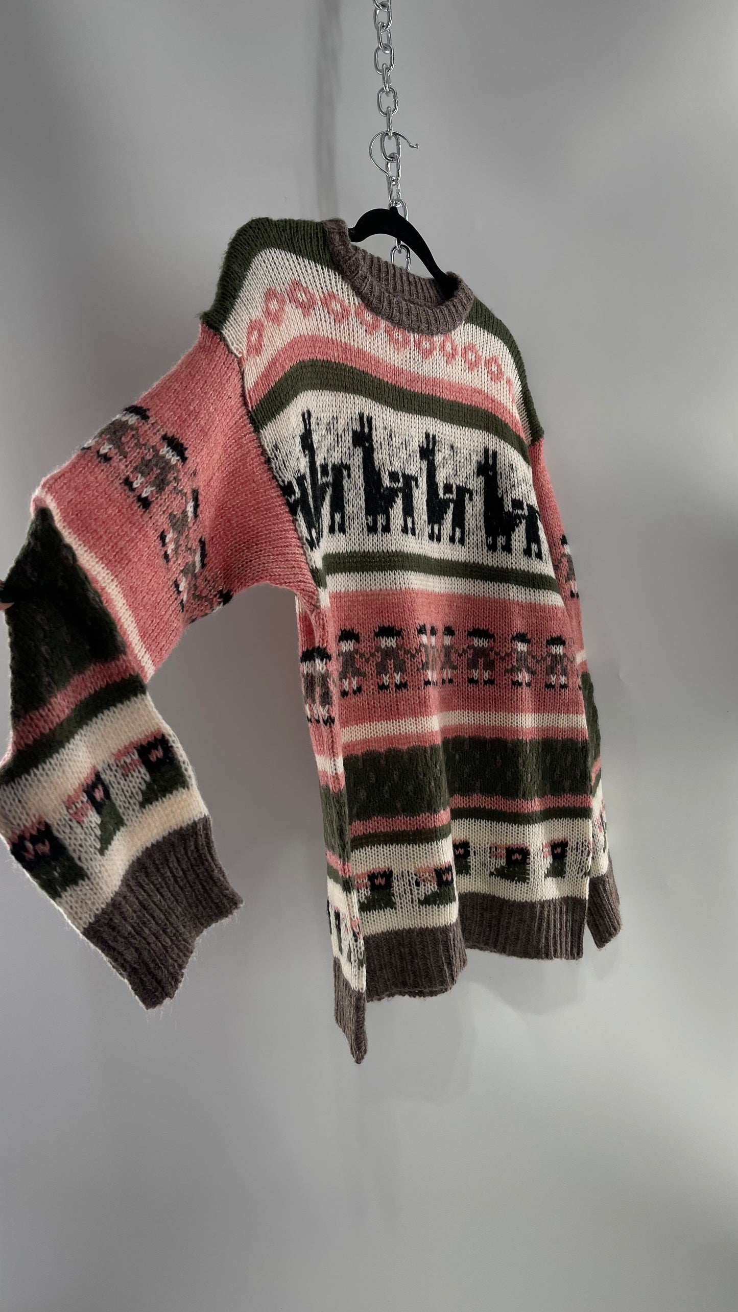 Cooke Collective Knit Llama/Alpaca Graphic Sweater with Army Green, Pink and White Colorway (Medium)
