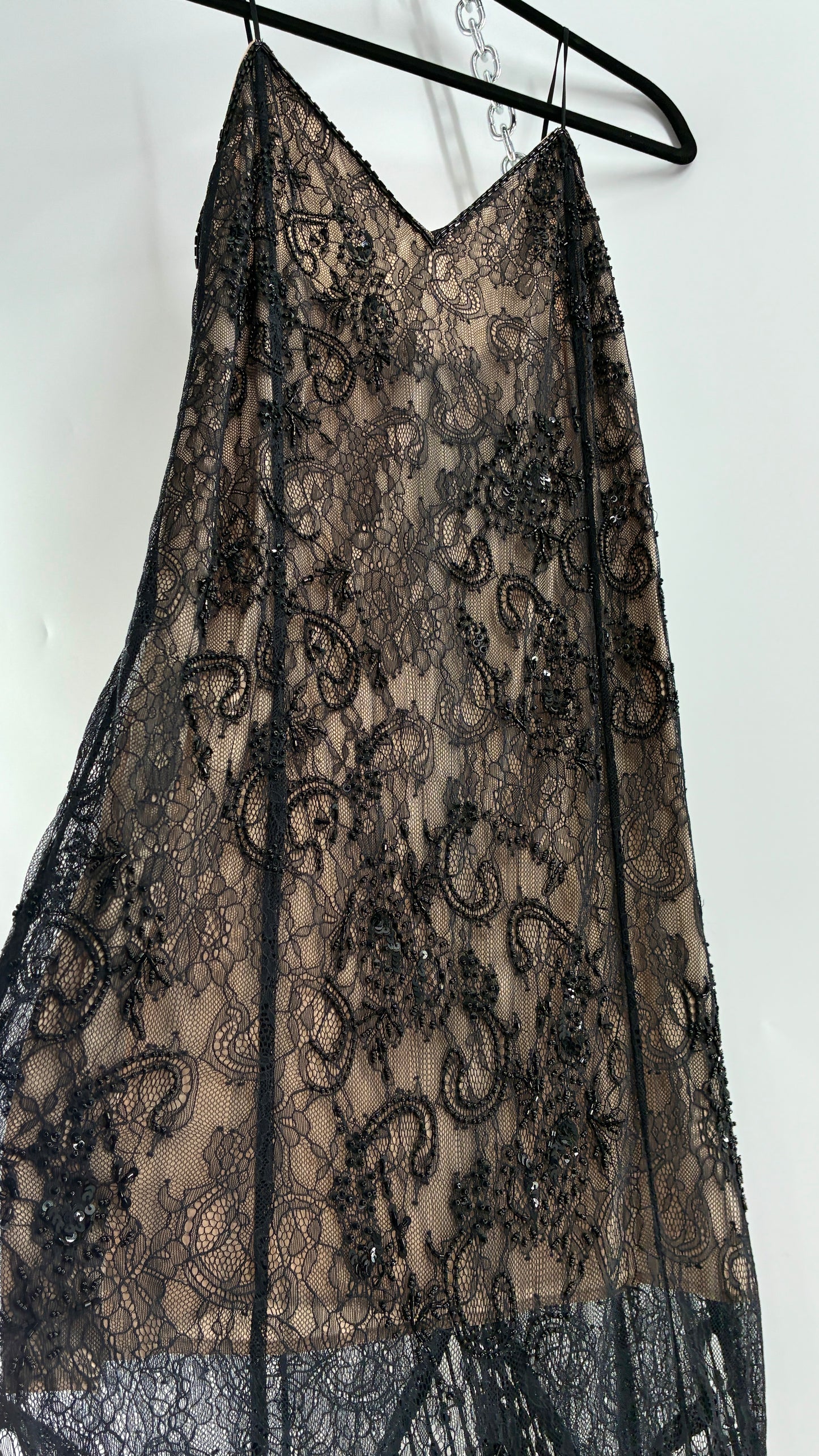 Vintage Haute Hippie Black Lace Nude Underlay Dress with Pointed Heavily Beaded Fringe Hem (2)