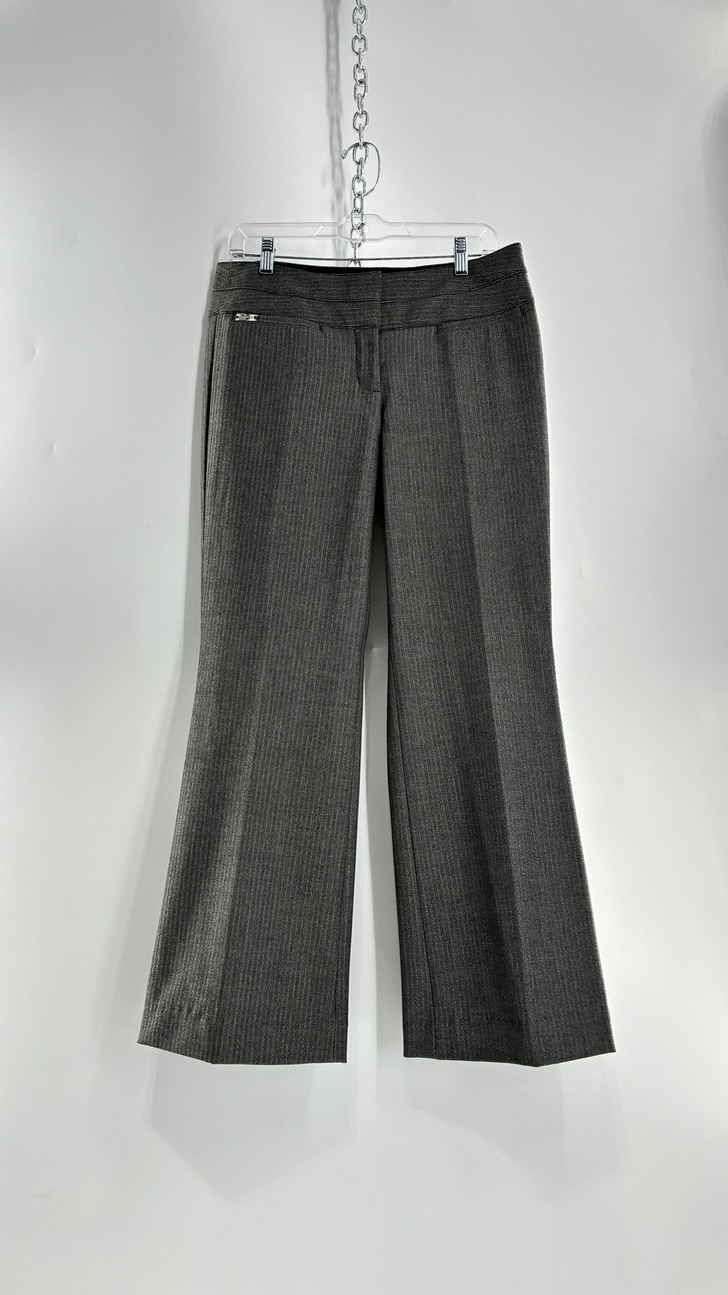 Vintage 1990s EXPRESS Editor Dark Grey Pinstripe Ultra Low Rise Thick Hip Band Kick Flares (6R)