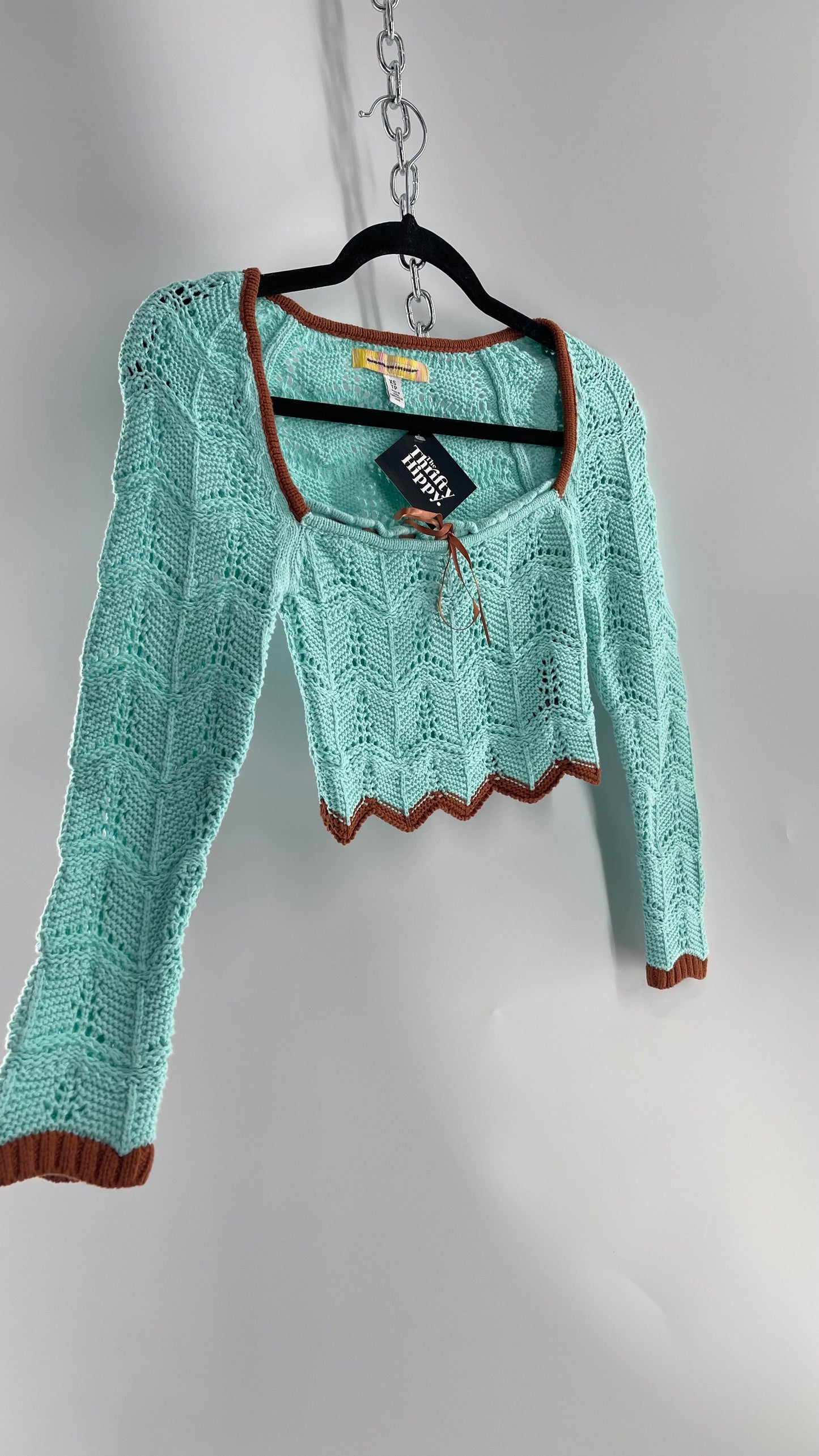 Urban Outfitters Baby Blue Cropped Knit Top with Brown Piping and Ribbon Neckline (XS)
