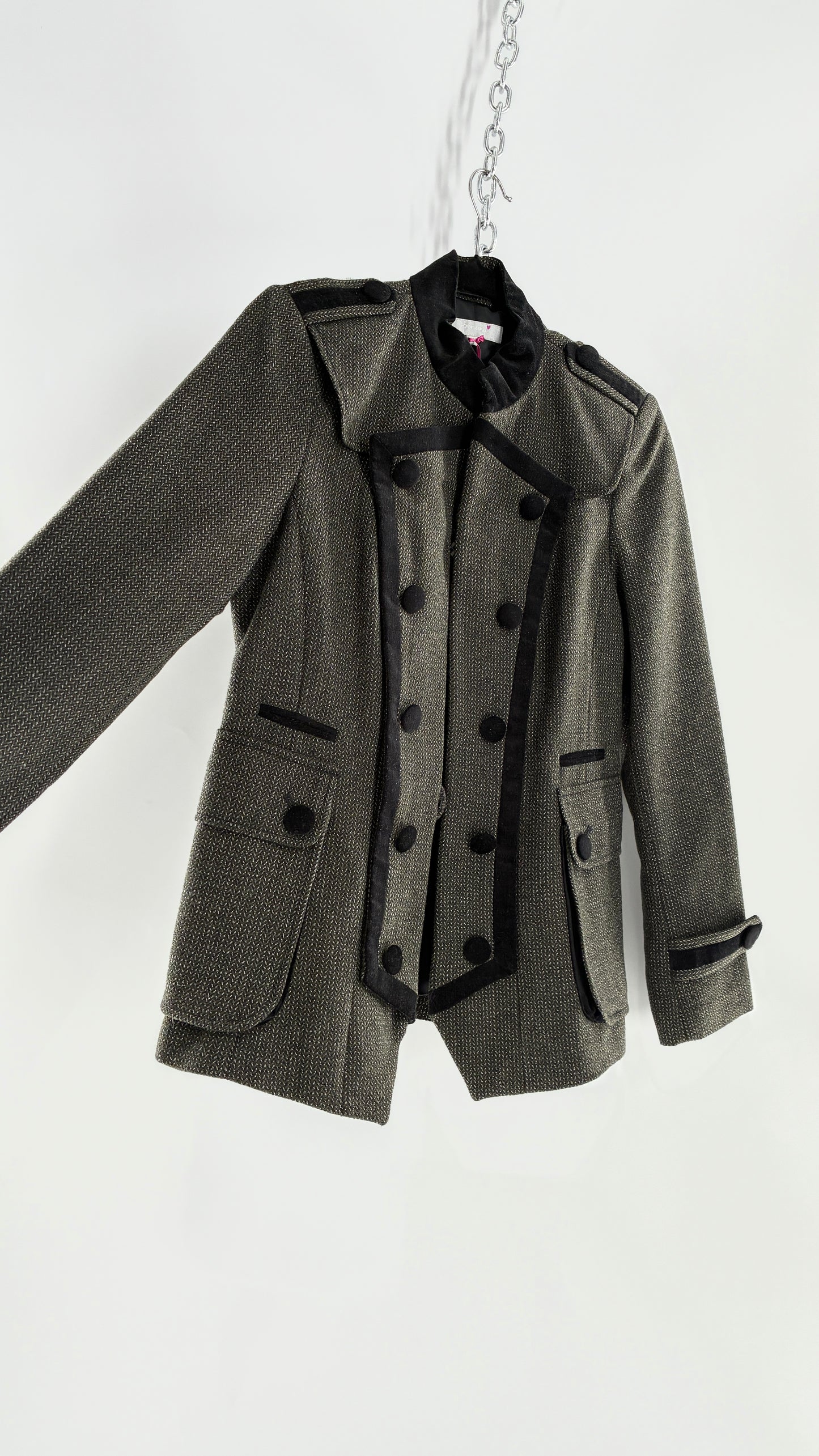 Deadstock Vintage PER UNA 41% Wool Grey Drummer Military Jacket with Black Velvet Piping and Tags Attached (12)