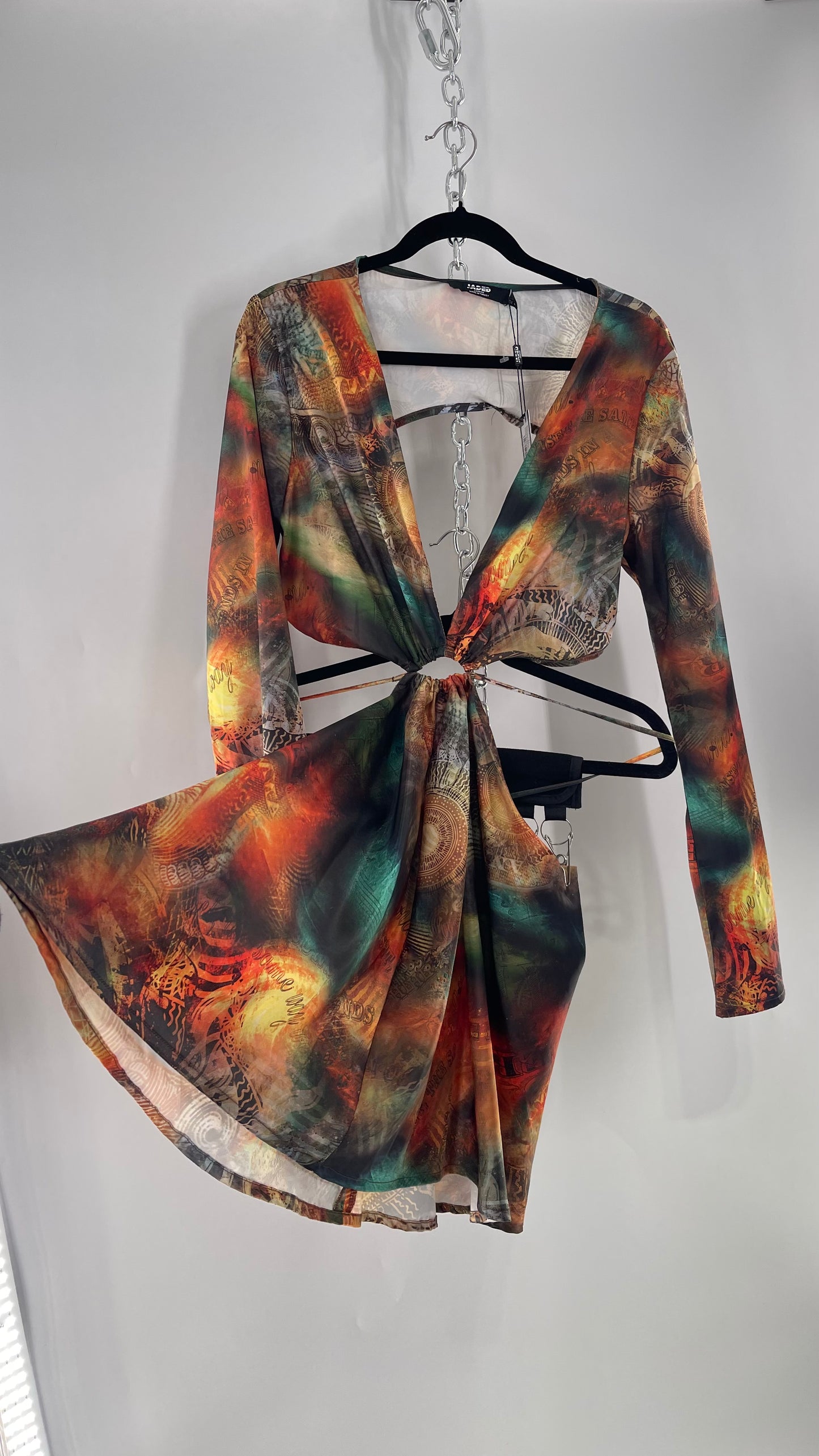 Jaded London Graphic Green, Orange, Yellow Dress with Bell Sleeves, Cut Out Waist and Straps (10)