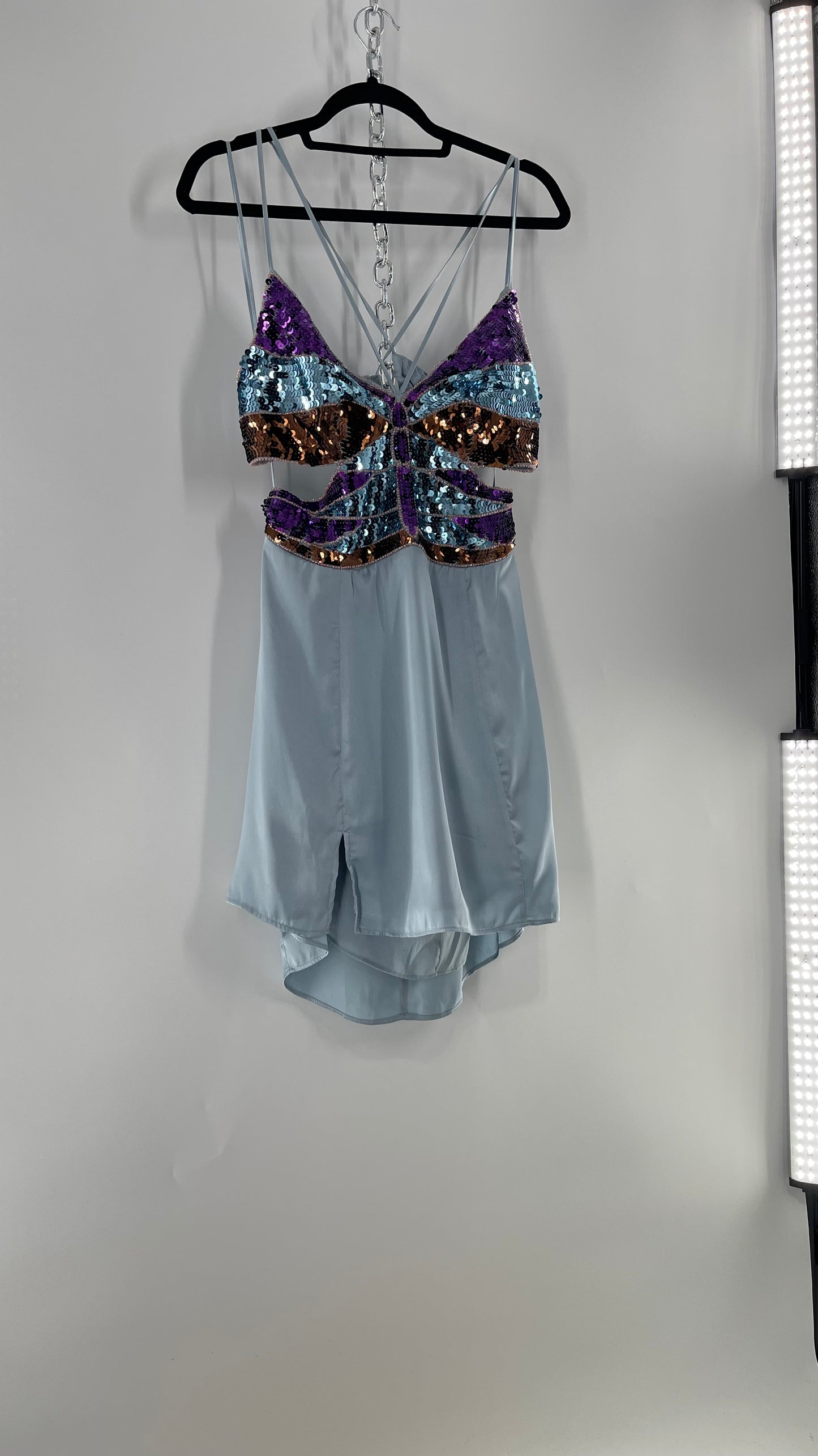 Urban Outfitters Light Blue Satin Butterfly Sequin Size L