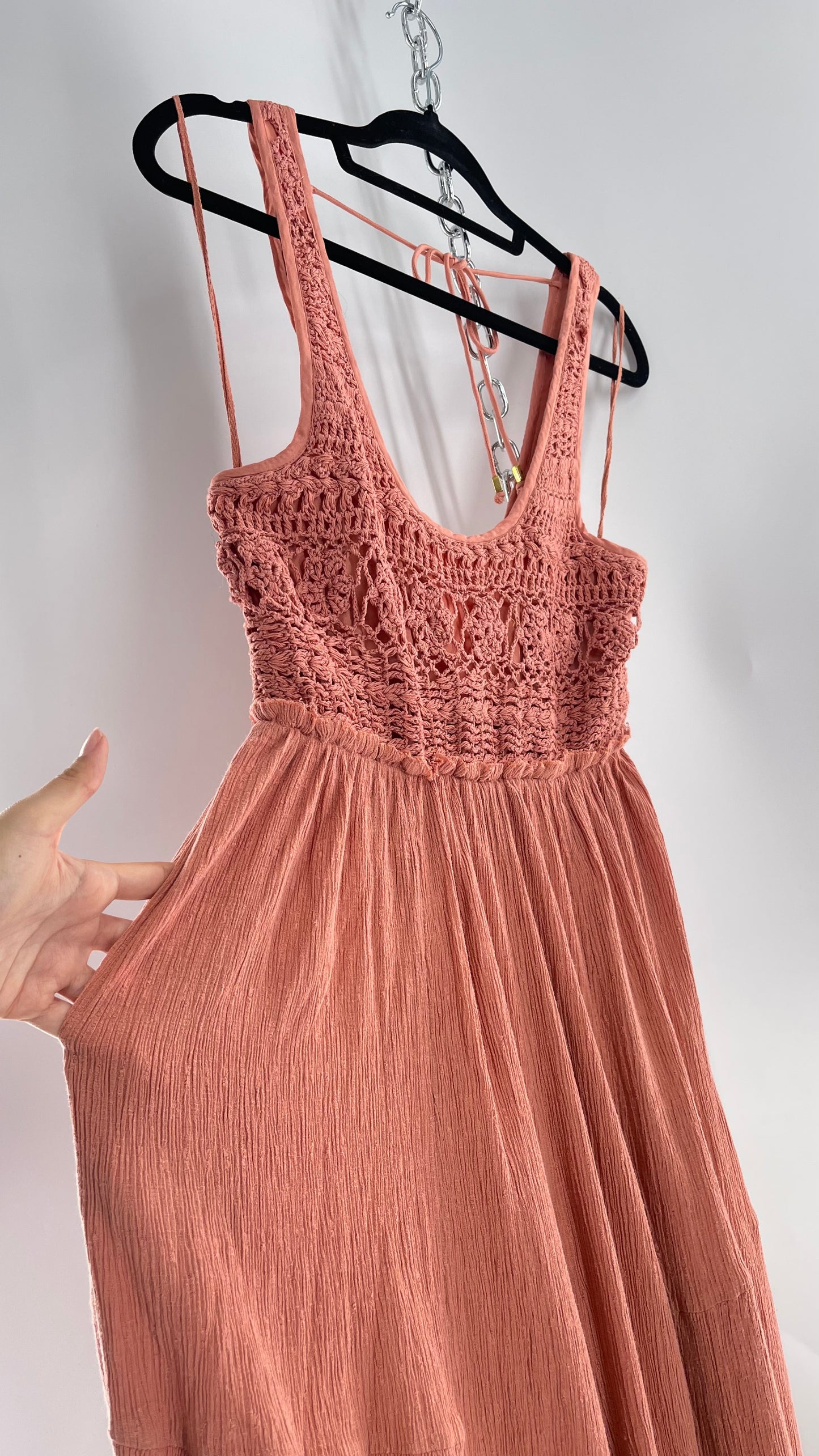 Free People Rose/Peach Pink Wide Leg Jumpsuit with Crochet Bust and Tags Attached (XS)