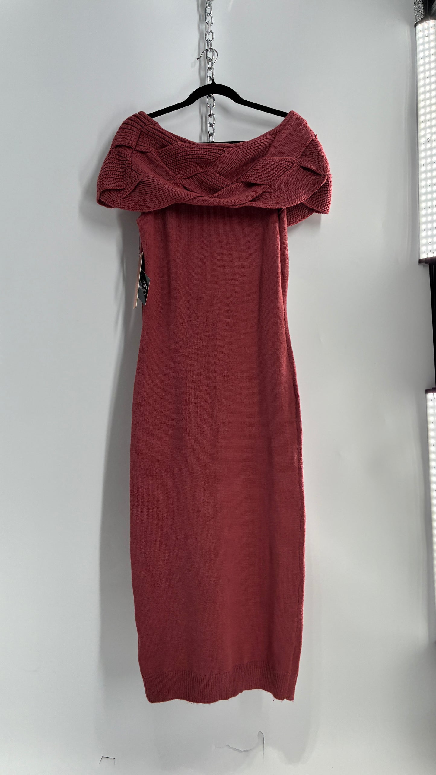 Vintage ALMOST FAMOUS Rosy Mauve Knit Dress with Woven Braided Off the Shoulder Detail and Tags Attached (Large)