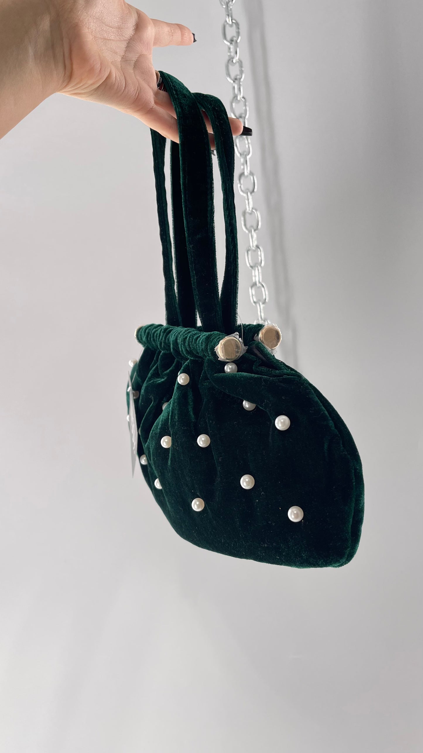 Vintage Deep Green Velvet Purse Covered in Pearls, and Featuring Gold Metal Closure Still Lined in Protective Plastic