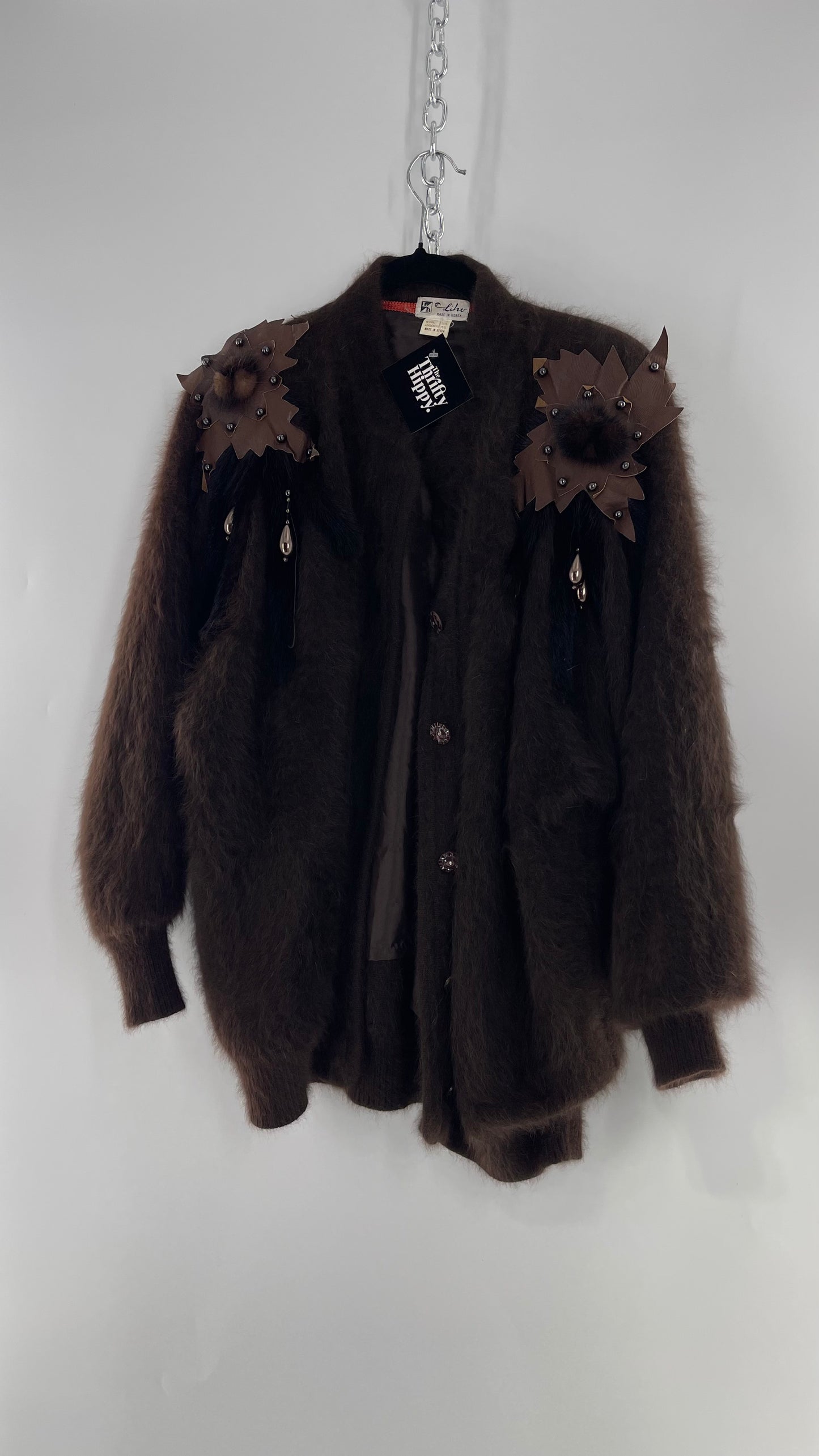 Liho Korean Vintage Brown Cardigan with Leather, Fur and Beaded Detailing 15% Wool 75% Angora  (C)(Medium)