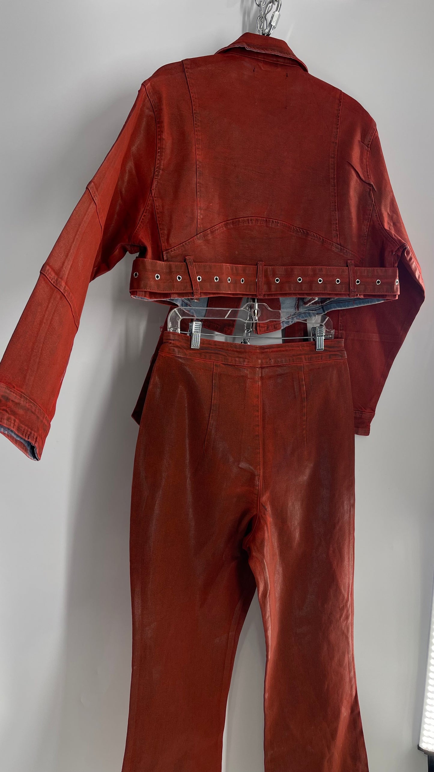 Fashion Nova Red Waxed Denim Cropped Motorcycle Jacket with Flared Jean Set and Tags Attached (XL/15)
