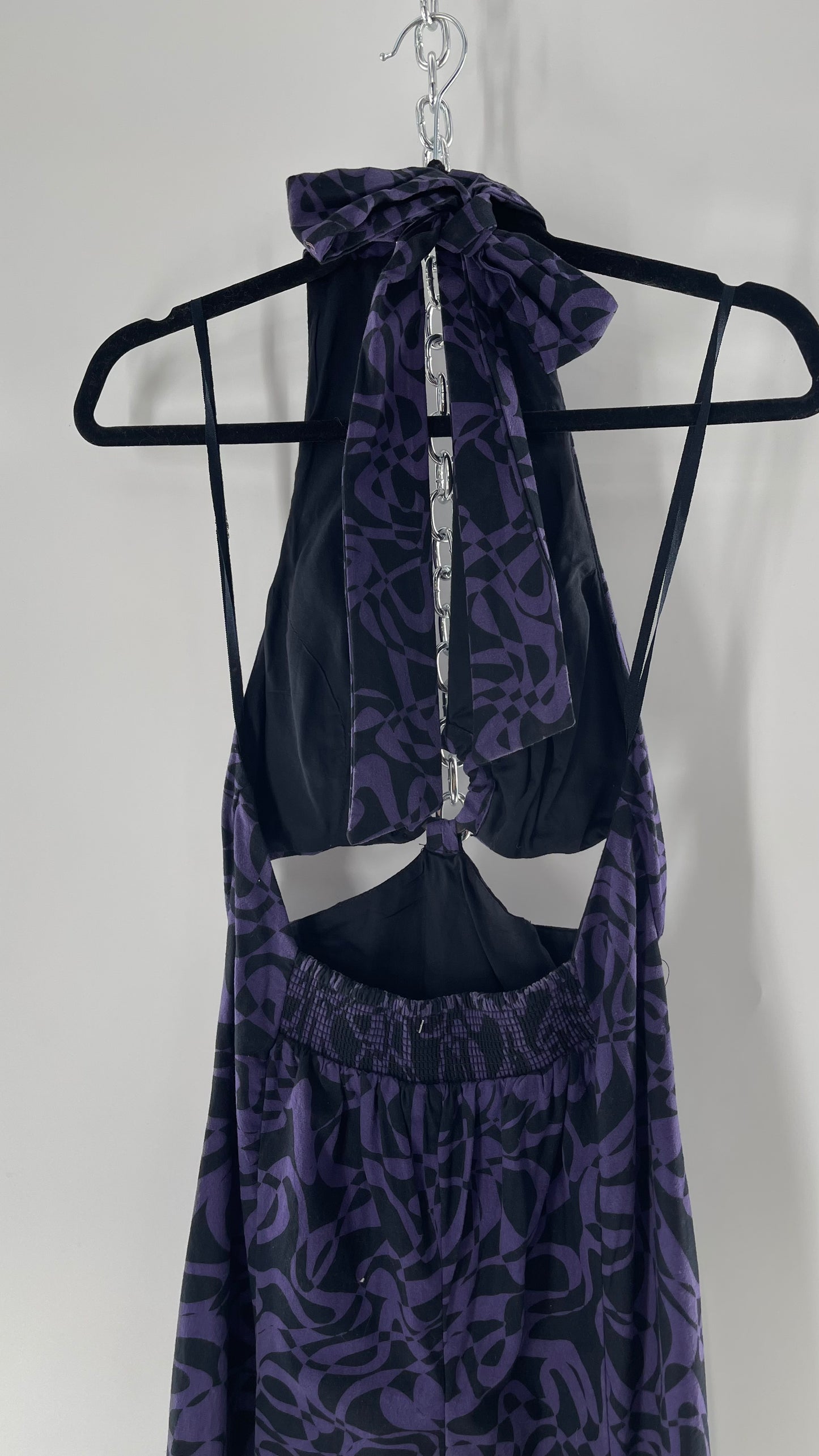 Free People Kira Retro Black and Purple Wide Leg Halter Jumpsuit with Tortoise Bust Loop (XS)