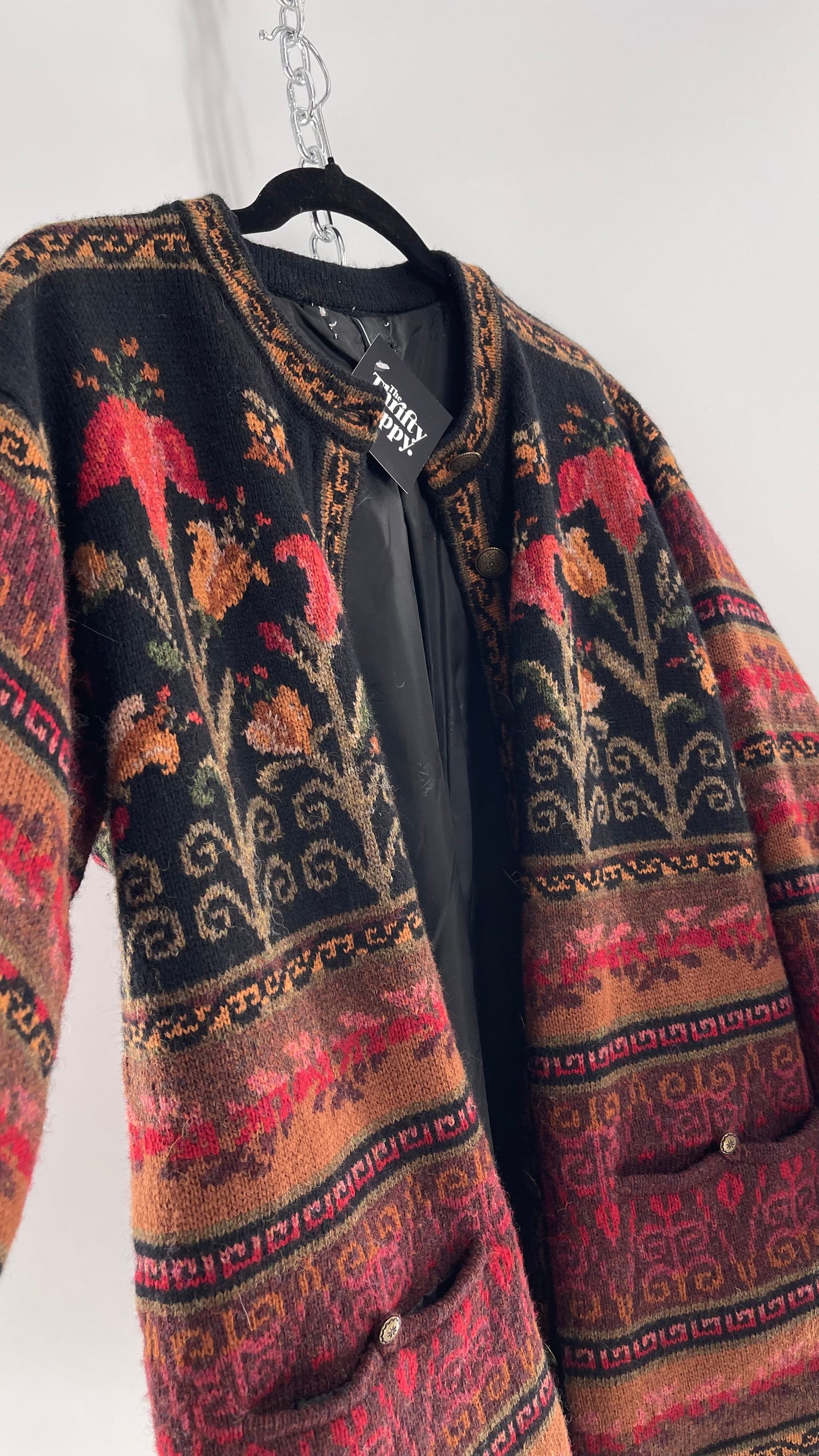 Vintage Iceland Design Wool Jacket with Brass Embossed Buttons and Folk Floral Patterning(C)(Medium)