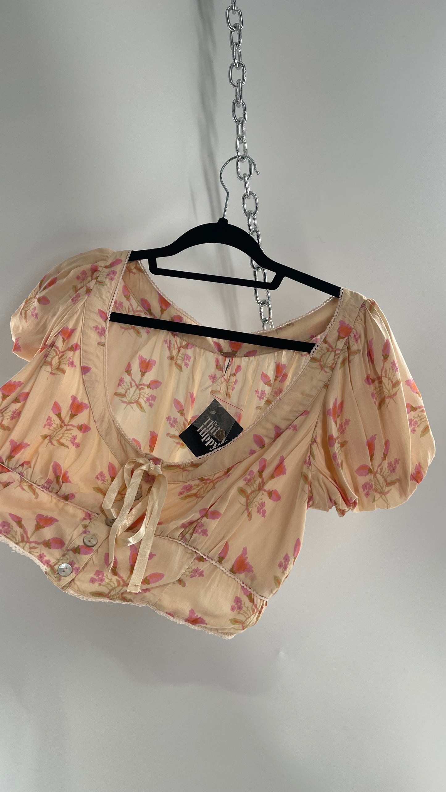 Free People Baby Pink Bustier Cropped Short Sleeve Top with Milkmaid Bustline, Floral Pattern and Ribbon Bow Detail (Large)