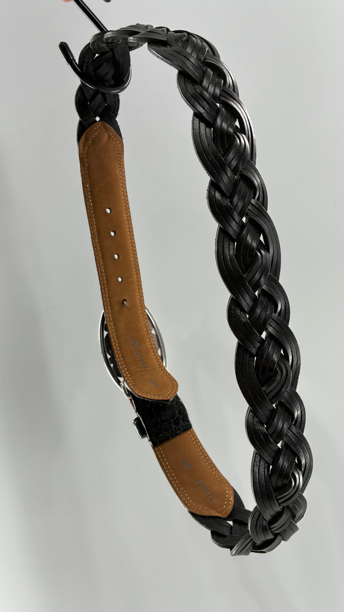 Brighton Black Leather Braided Belt with Oversized Silver Buckle (32)