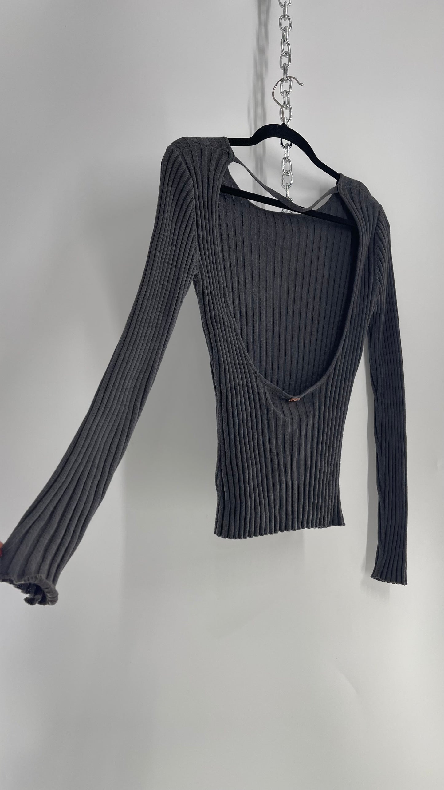 For Love & Lemons Gray Ribbed Low, Open Back Knit Long Sleeve (Medium)