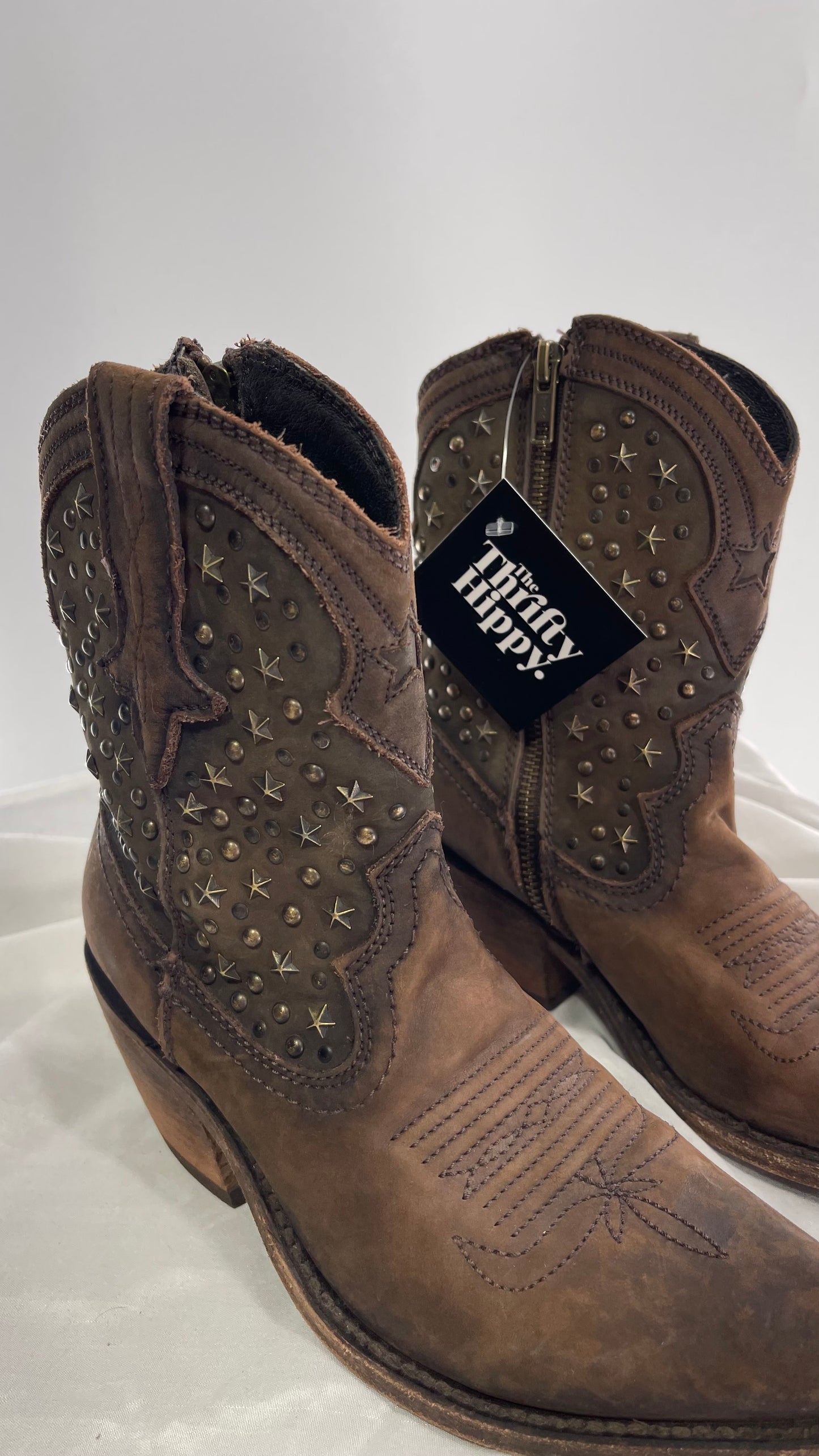 LIBERTY BLACK Handmade in Mexico Leather Cowboy Boots with Star Studs (7.5)