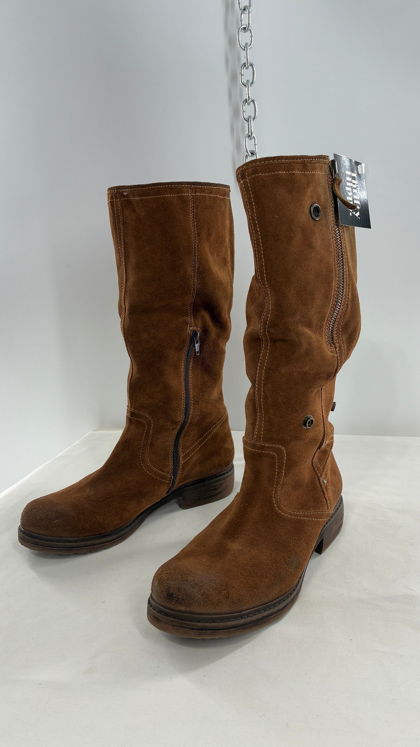 MANAS Brown Suede Leather Combat Style Boots with Fold Over Option (40)