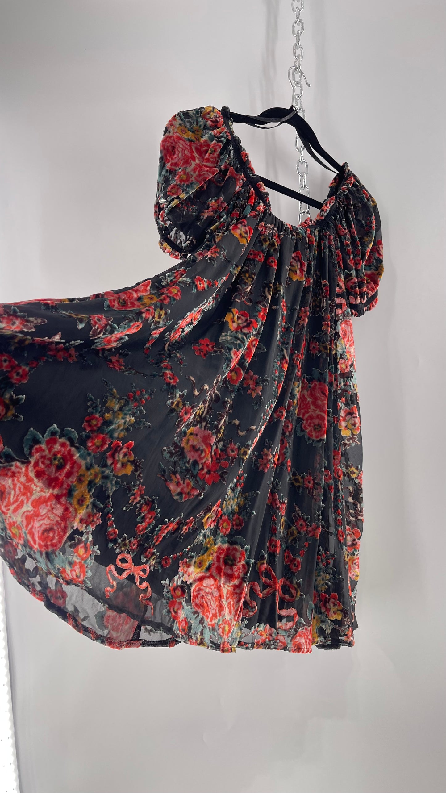 Free People Beautiful Blooms Velvet Florals Babydoll Dress (Small)
