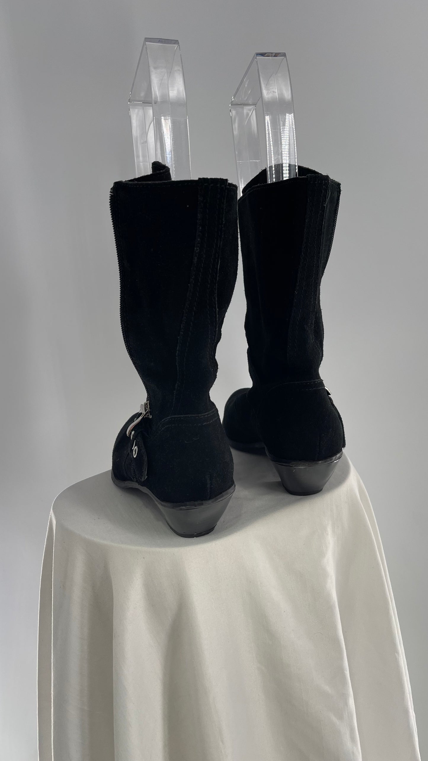 Vintage Black Suede Cowboy Boots with Buckle and Zip Up, Rhinestone Studded Details (8.5)