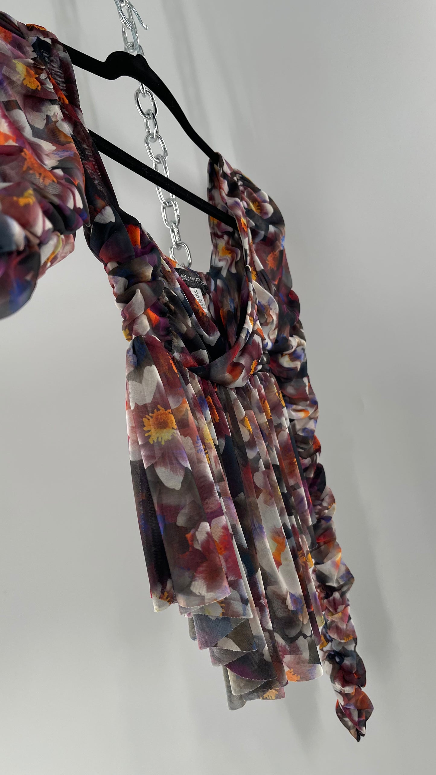 Urban Outfitters Psychedelic Floral Mesh Cropped Blouse with Ruched Sleeves and Pleated Hem (XS)