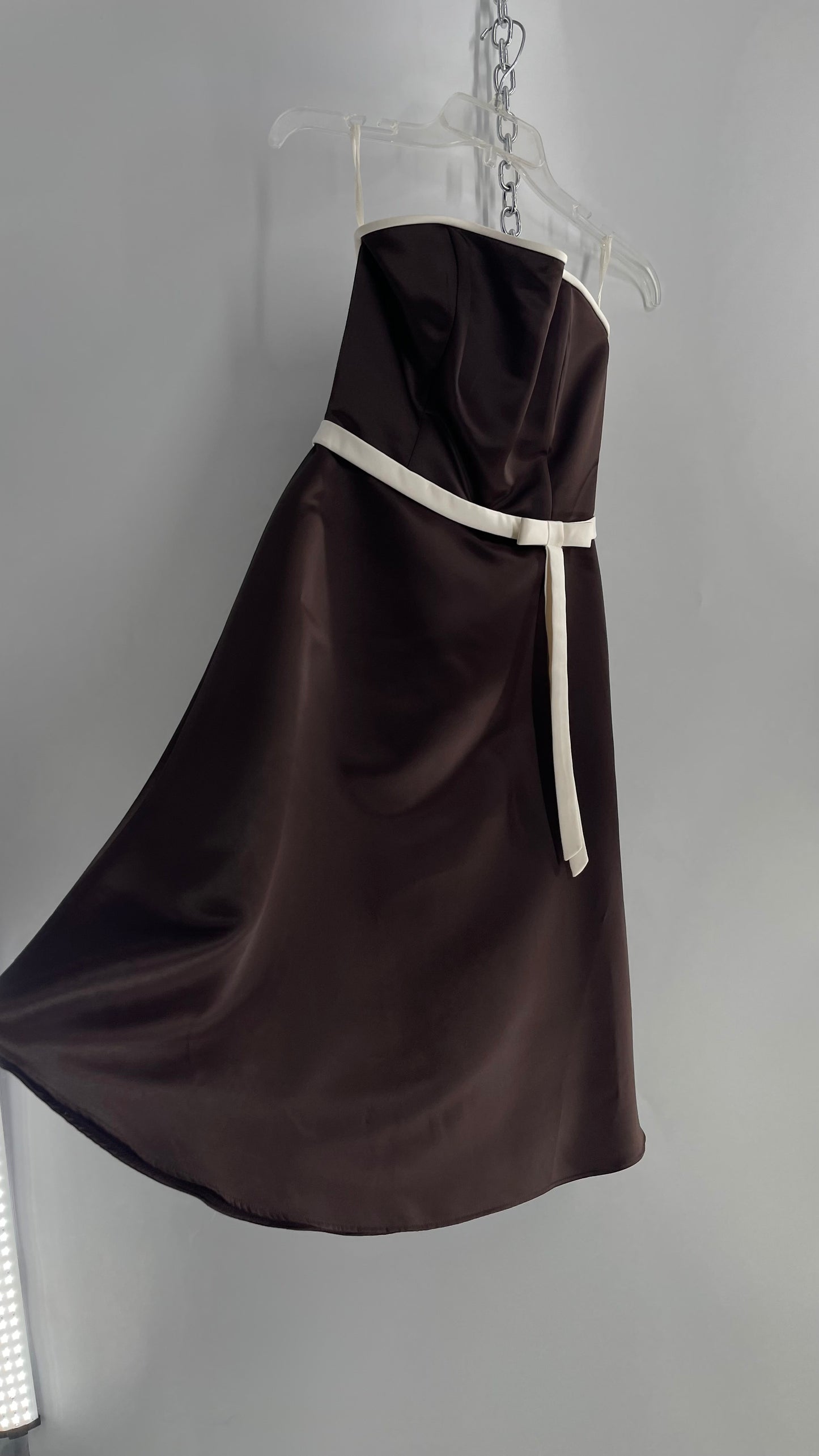 Vintage 90s Style Scott McClintock Dark Brown Satin A-Line Dress with Straight Bust Line (6)