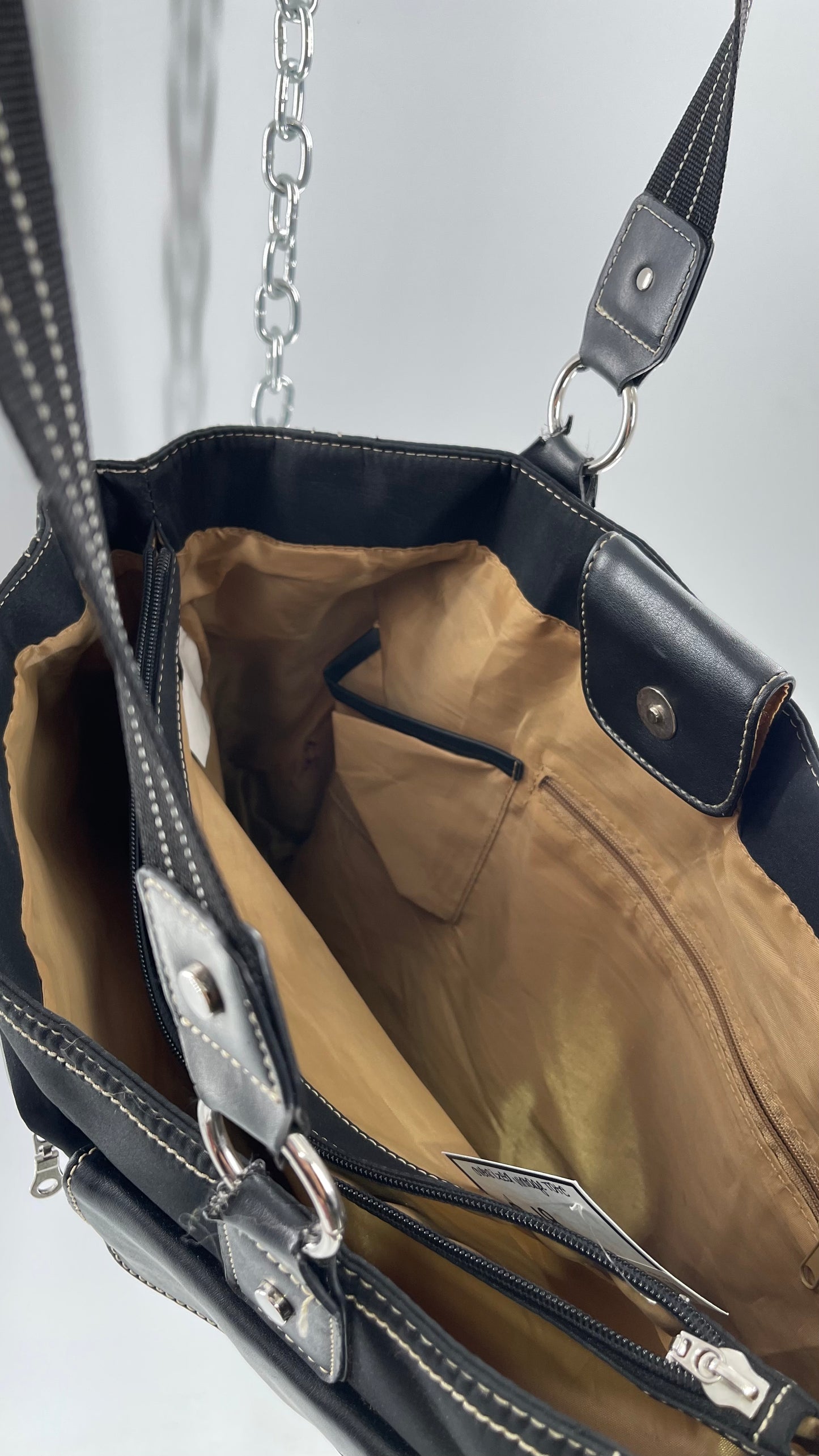 Vintage Oversized Black Exaggerated Pocket Tote Bag with Contrast Stitching