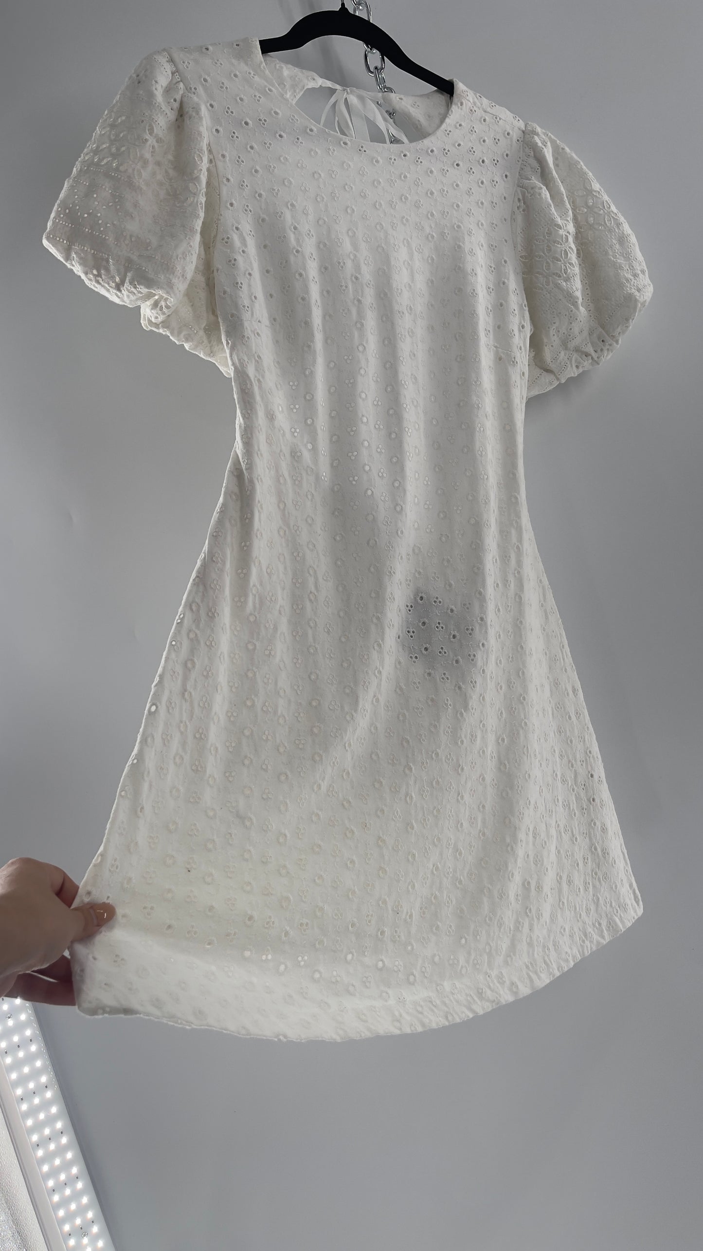 Free People White Eyelet Mini Dress with Puff Sleeve and Open Back (XS)