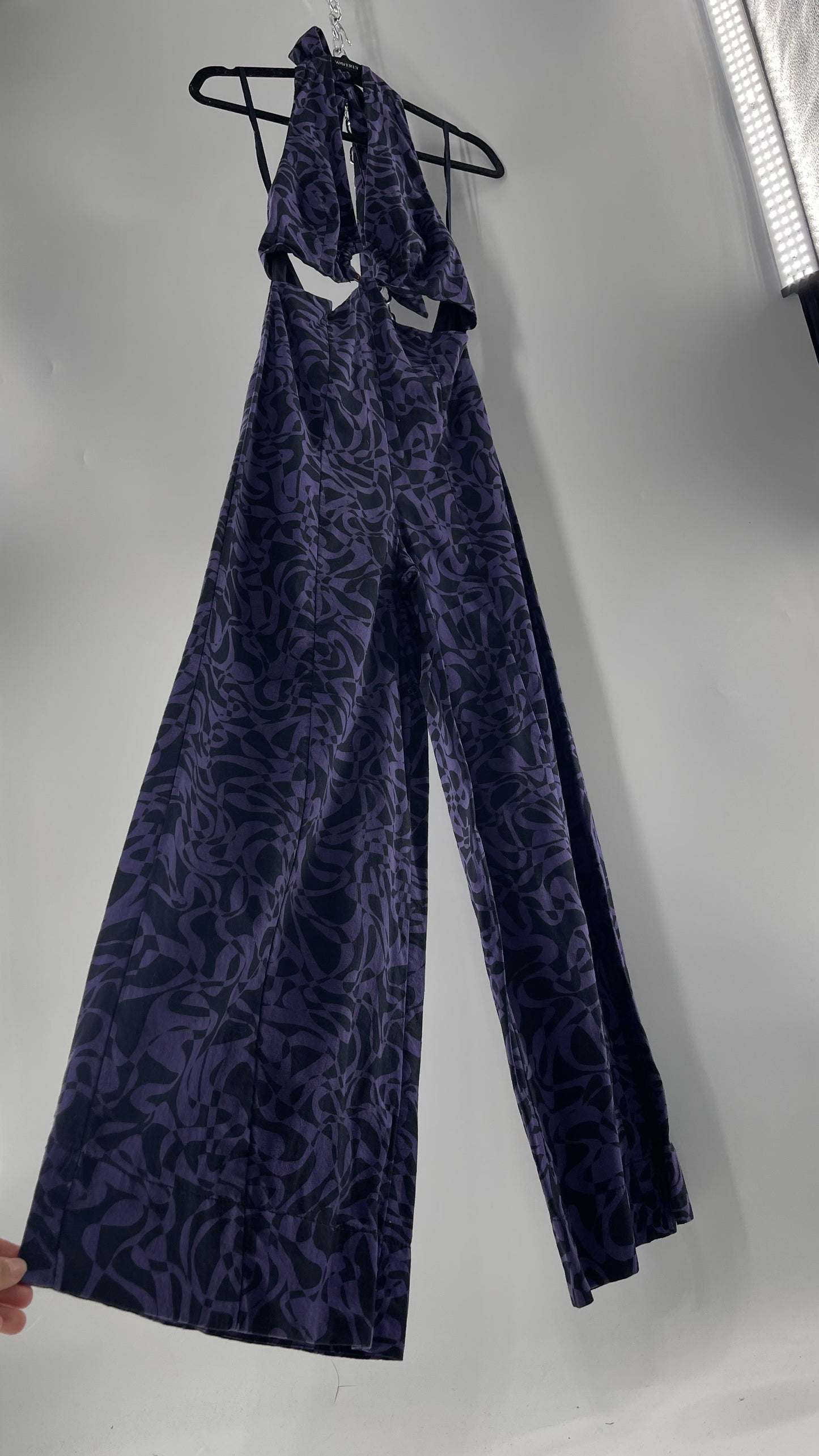 Free People Kira Retro Black and Purple Wide Leg Halter Jumpsuit with Tortoise Bust Loop (XS)