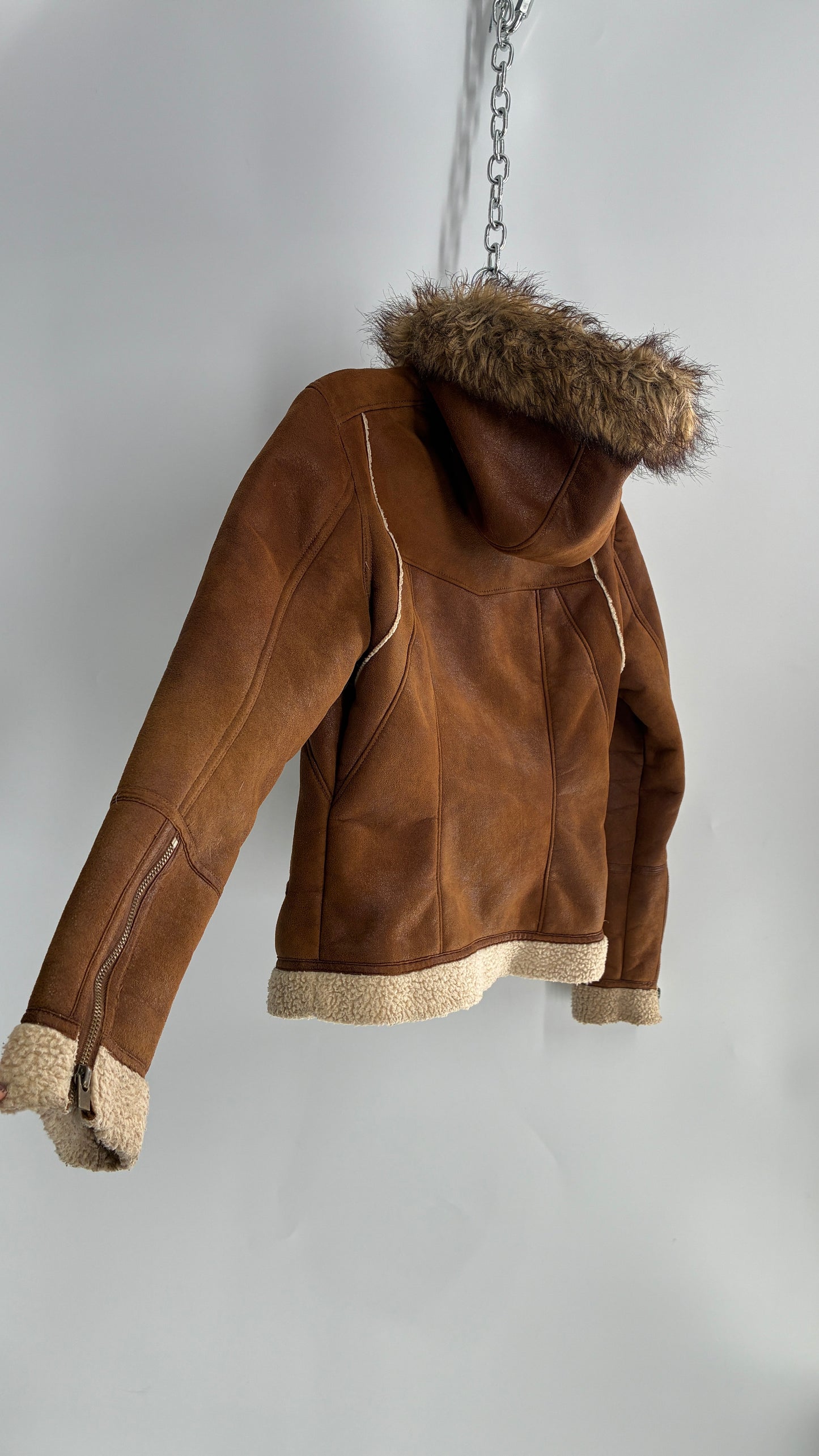 Vintage LEI Vegan Suede Sherpa Jacket with Faux Fur Hood (Small)