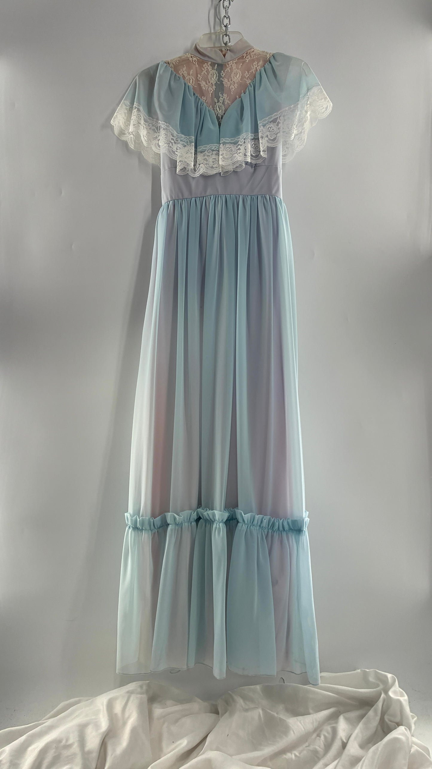 Vintage Handmade 1960s Powder Blue Overlay, Lilac Underlay Gown, Prairie Wedding Dress