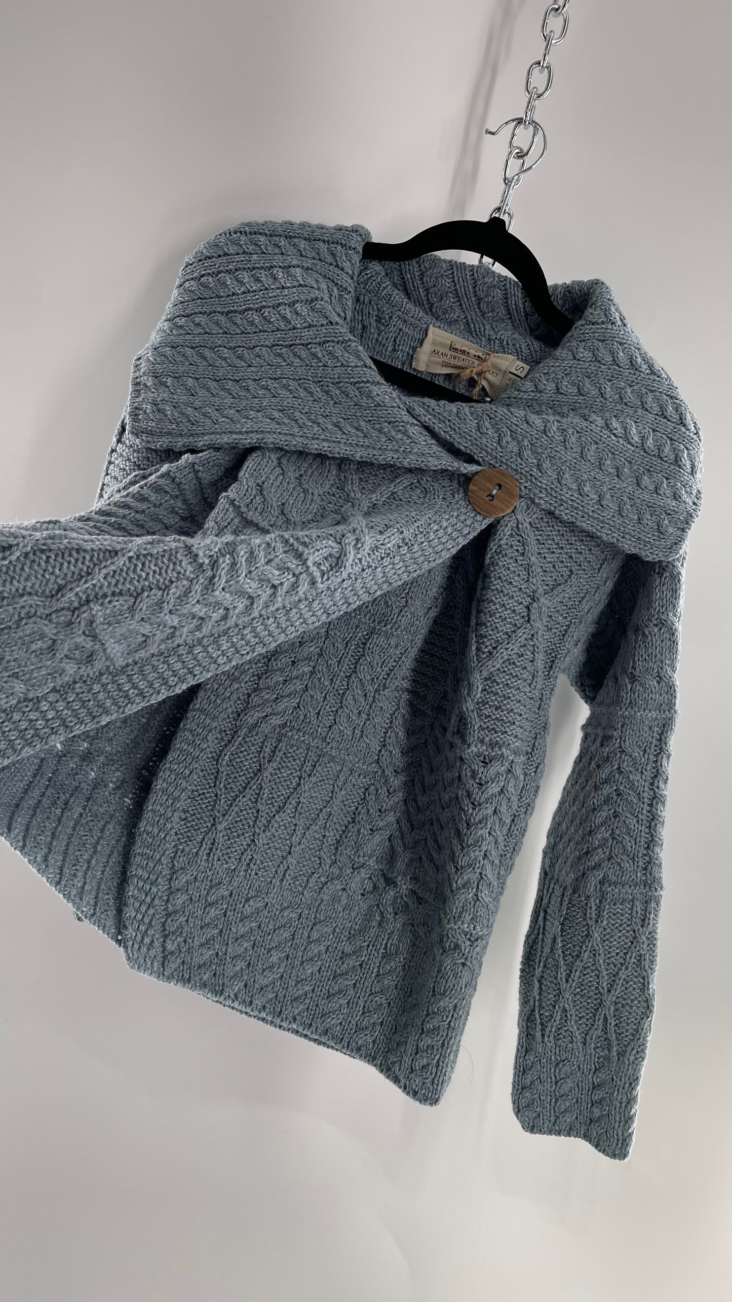 Authentic Irish Aran Sweater Market Slate Blue Aran Stitch Sweater with Oversized Wooden Button Detail and Certificate of Authenticity (Small)