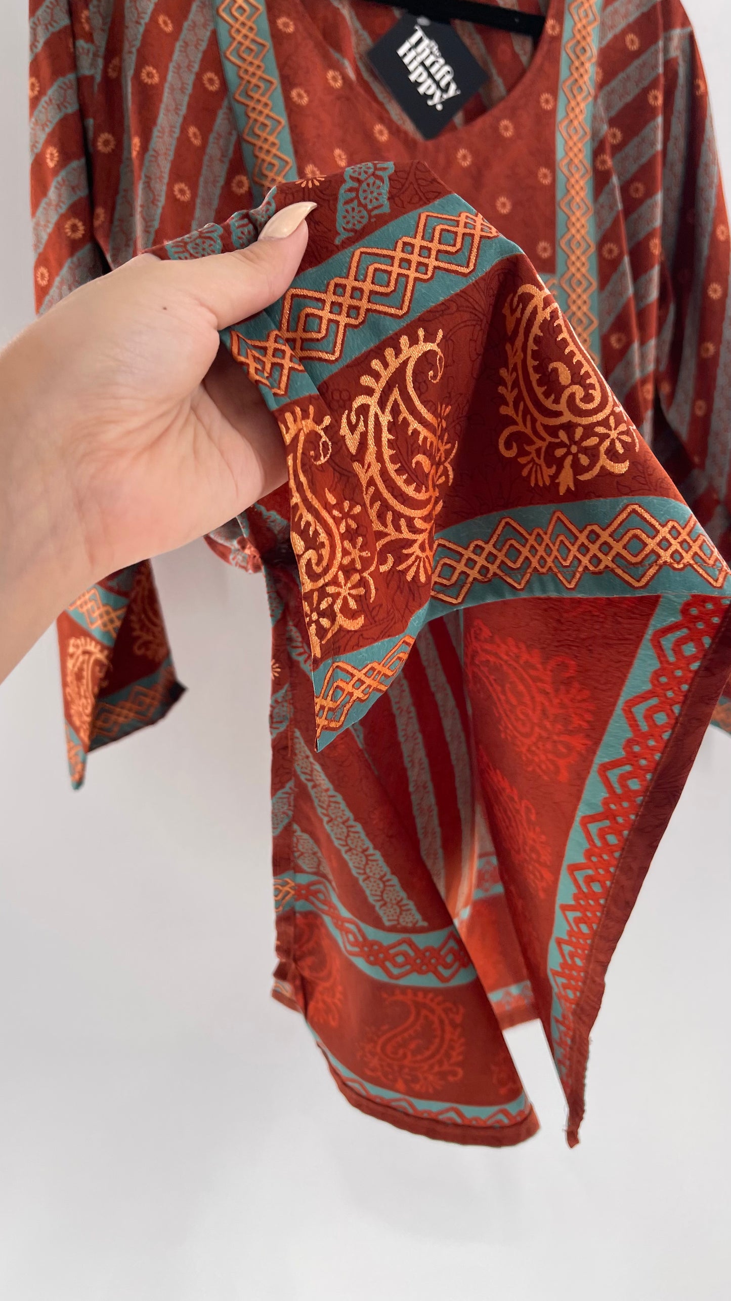 Vintage 1970s Indian 100% Silk Tunic Burnt Orange, Teal and Gold (40)
