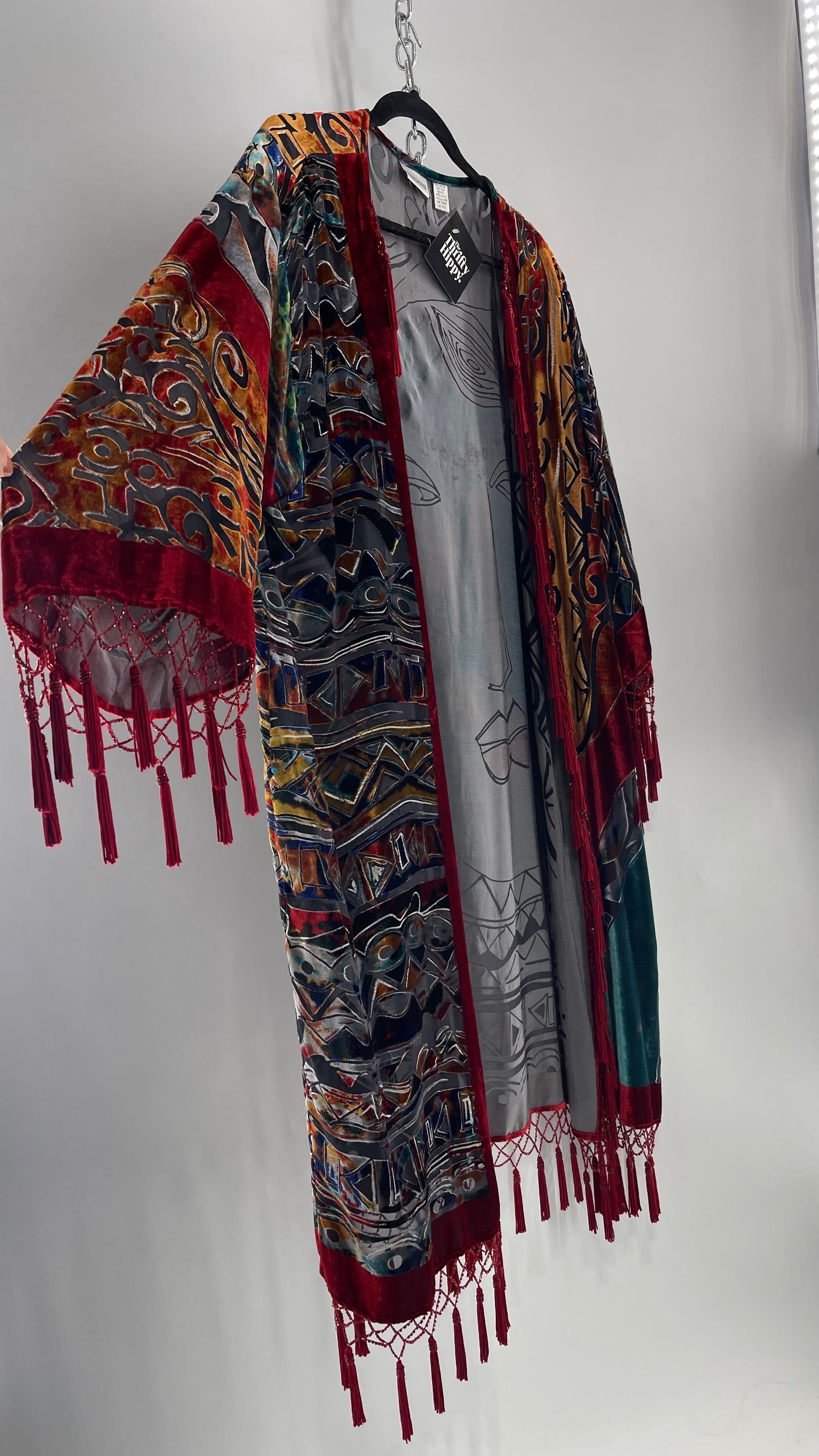 Vintage Burnout Buddhist Motif Velvet/Velour Beaded Fringe Duster Coat/Kimono with Tassel Sleeves and Hems (M/L)