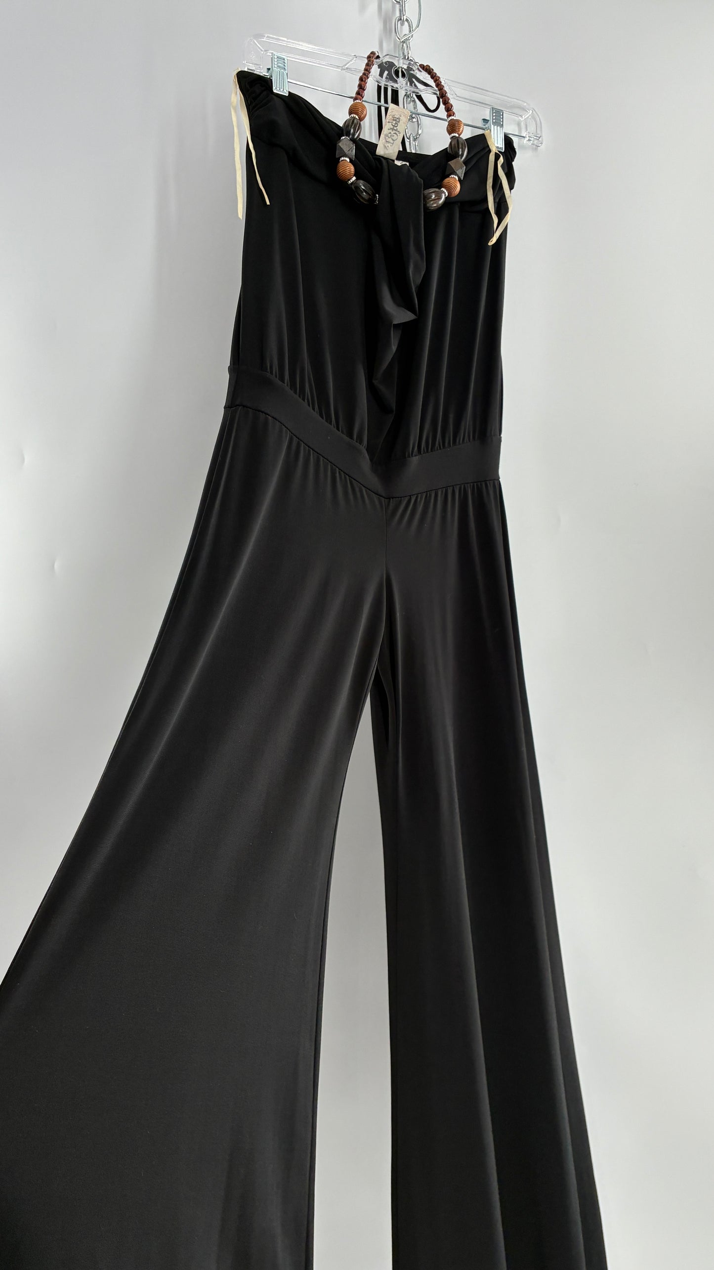 Vintage L8ter 1990s Black Drop Waist Wide Leg Jumpsuit with Beaded Choker Halter (Small)