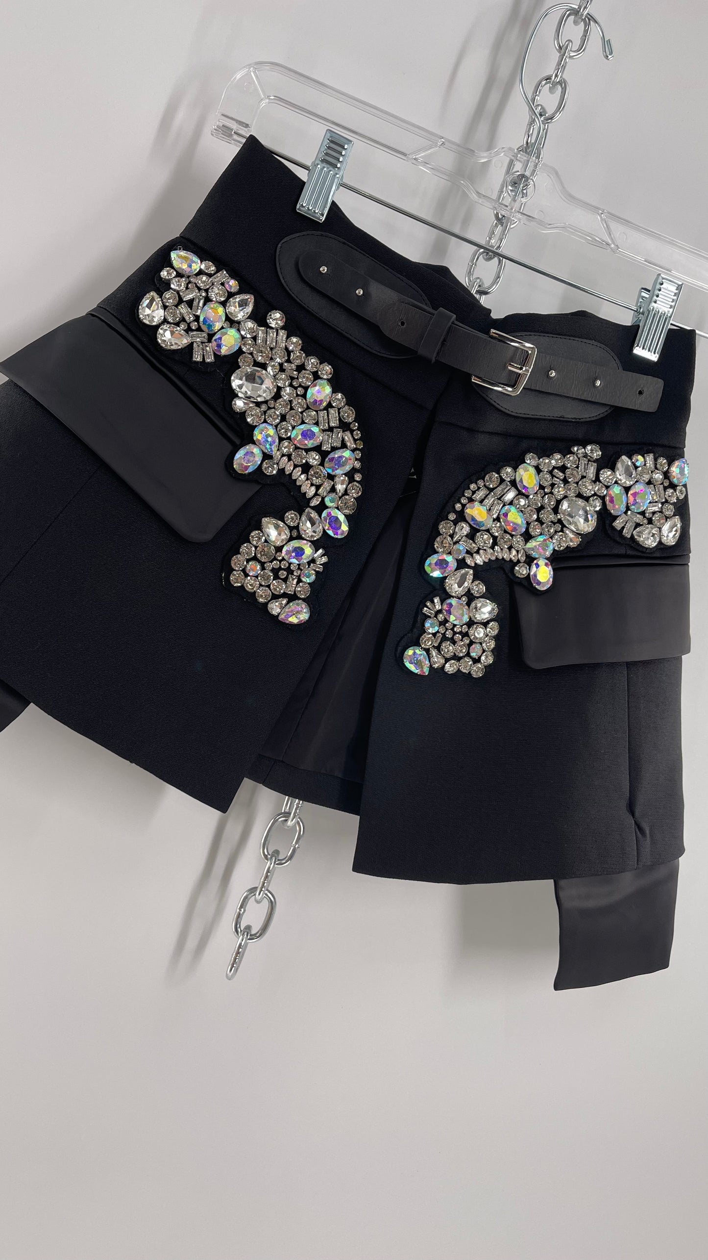 Black Skirt Belt Covered in Crystal Embellishments with Satin Flap Pockets (Medium)