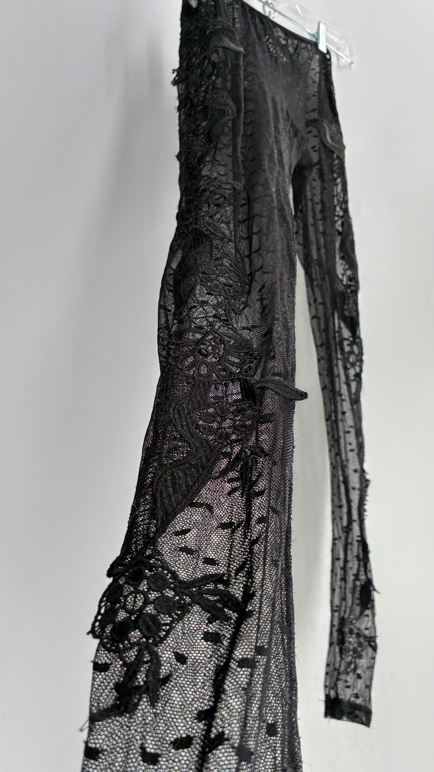 Staring at Stars Black Sheer Footless Tights with Lace Appliqué Design on Both Legs (XS)