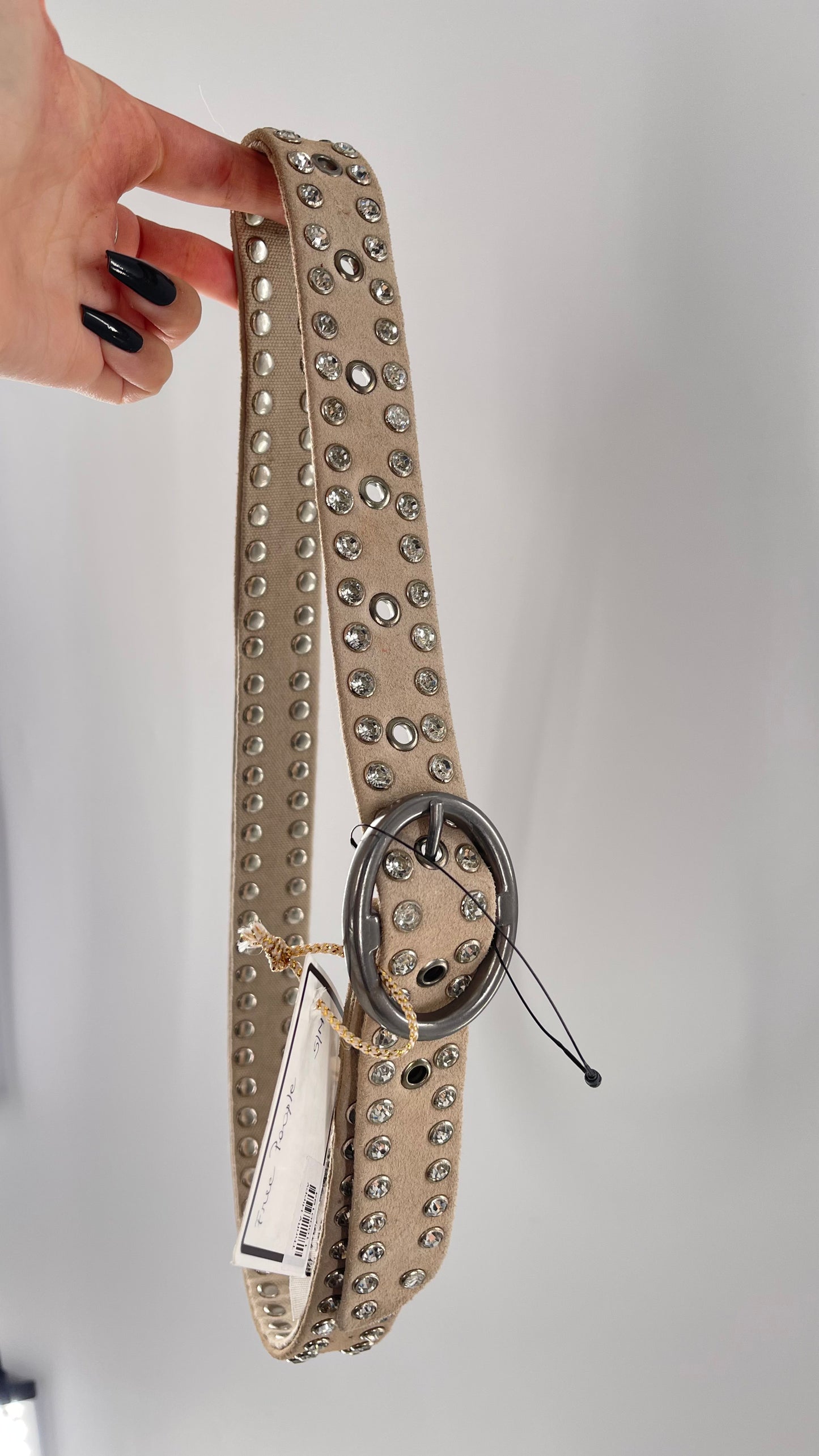 Free People Beige Leather Canvas Studded Rhinestone Crystal Studded Belt with Heavy Metal Buckle (S/M)
