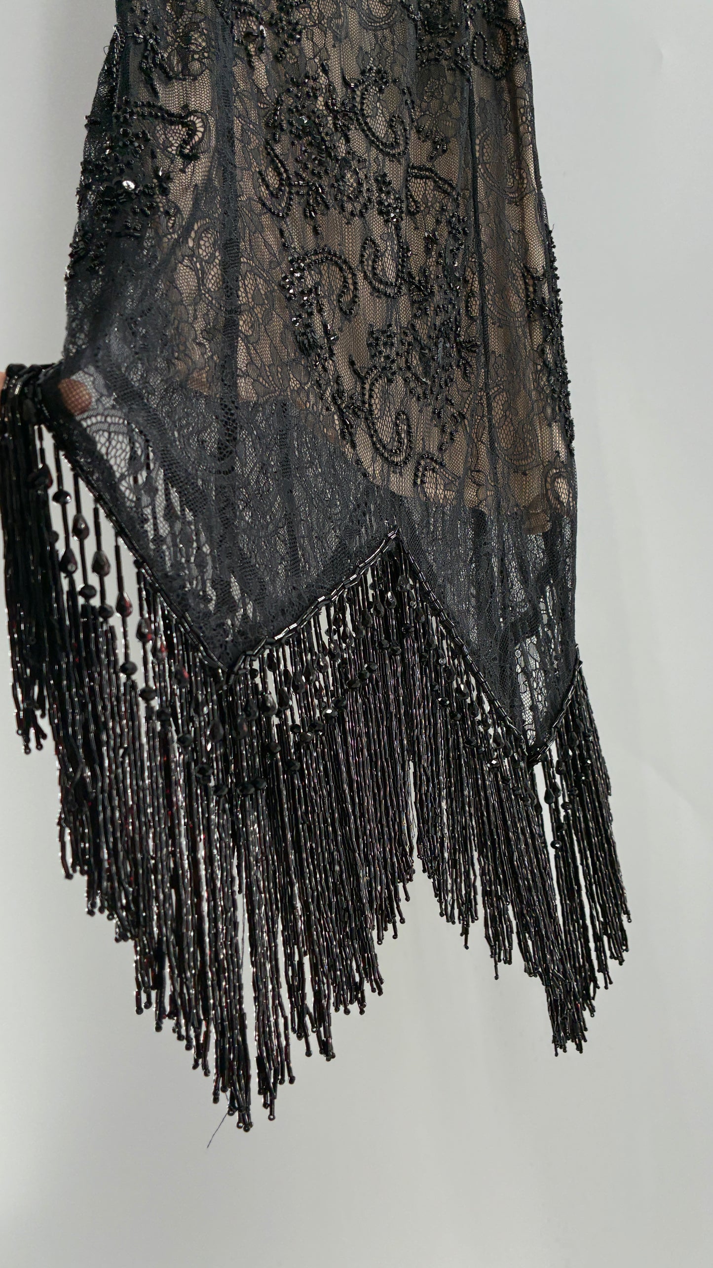 Vintage Haute Hippie Black Lace Nude Underlay Dress with Pointed Heavily Beaded Fringe Hem (2)