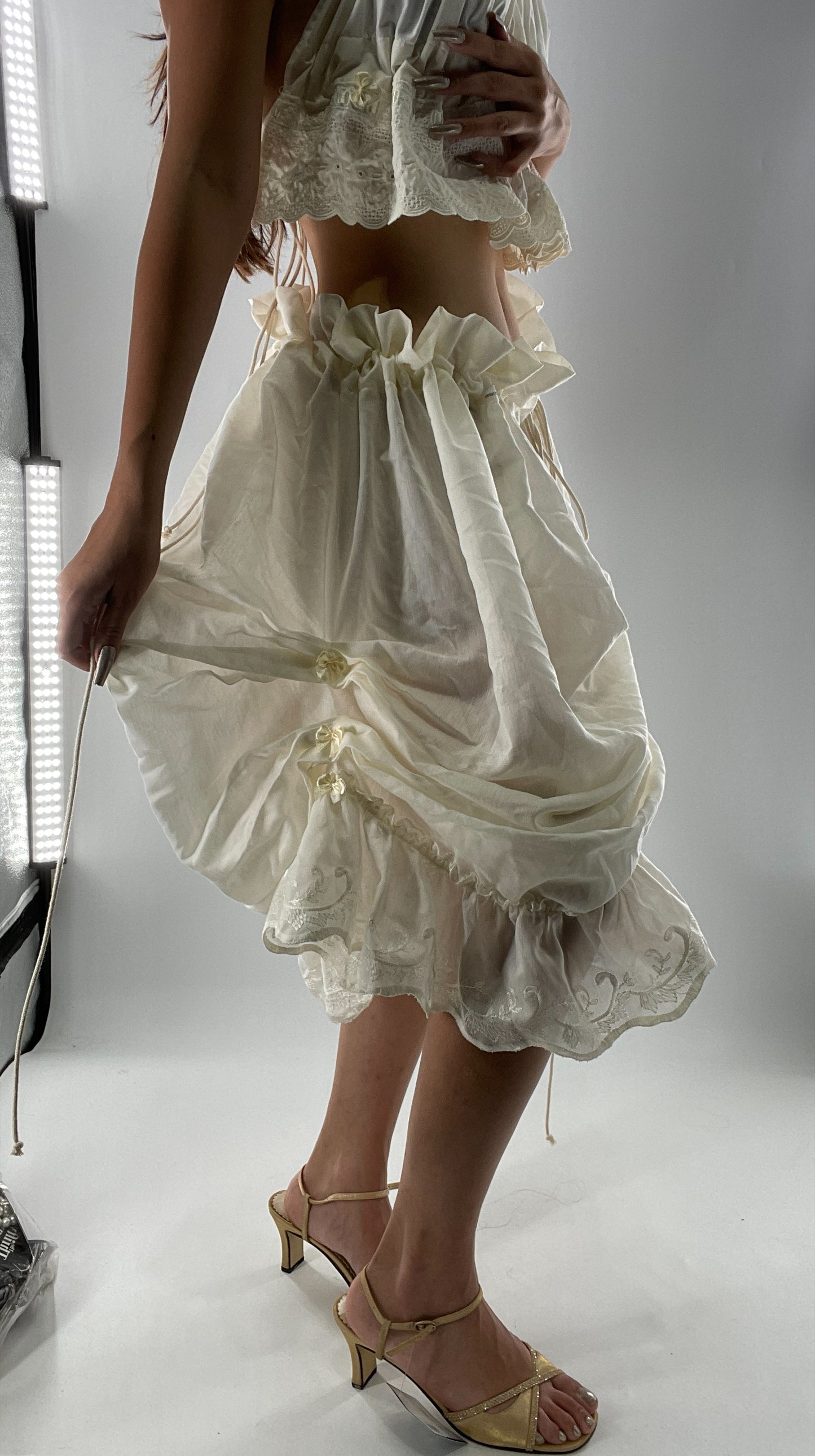 Custom Vintage Cottage Off White Set with Ruched/Scalloped Lace/Backless Top and Draping/Ribbon Skirt (One Size)