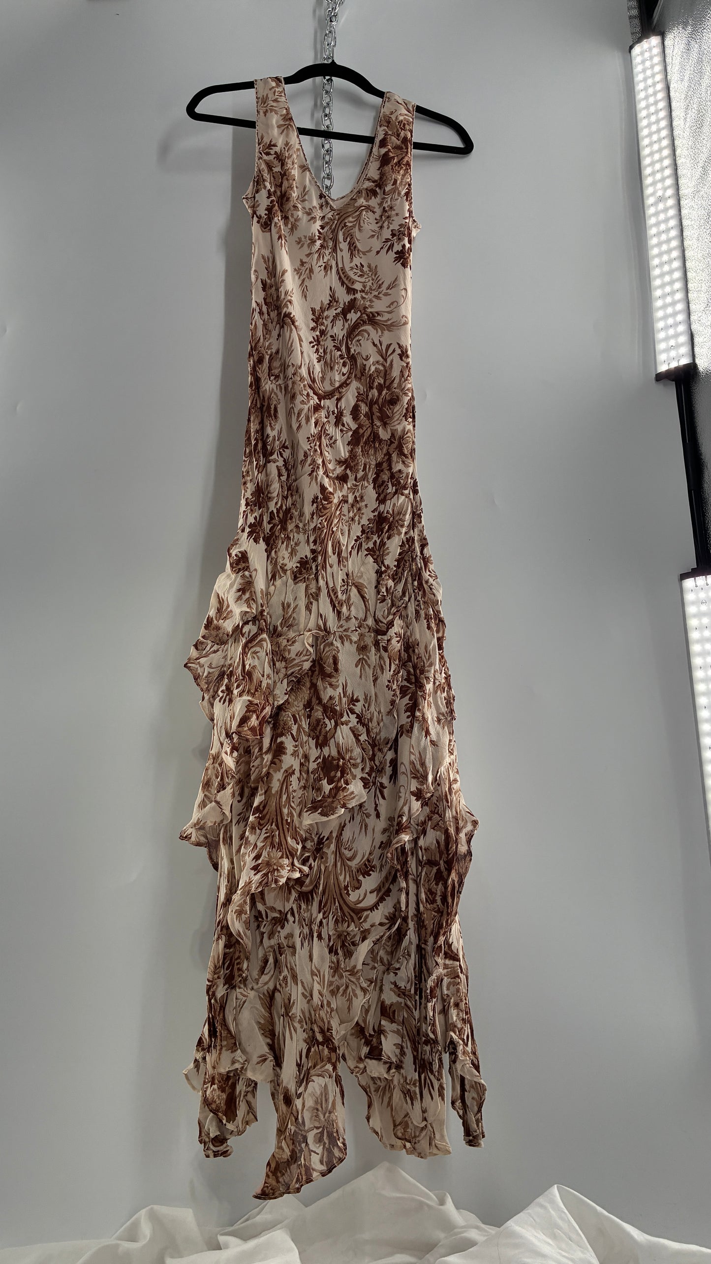 Vintage MAJICK 1990s Brown Floral, Asymmetric Ruffled Hem Gown with Embroidered Sequin Details (Medium)