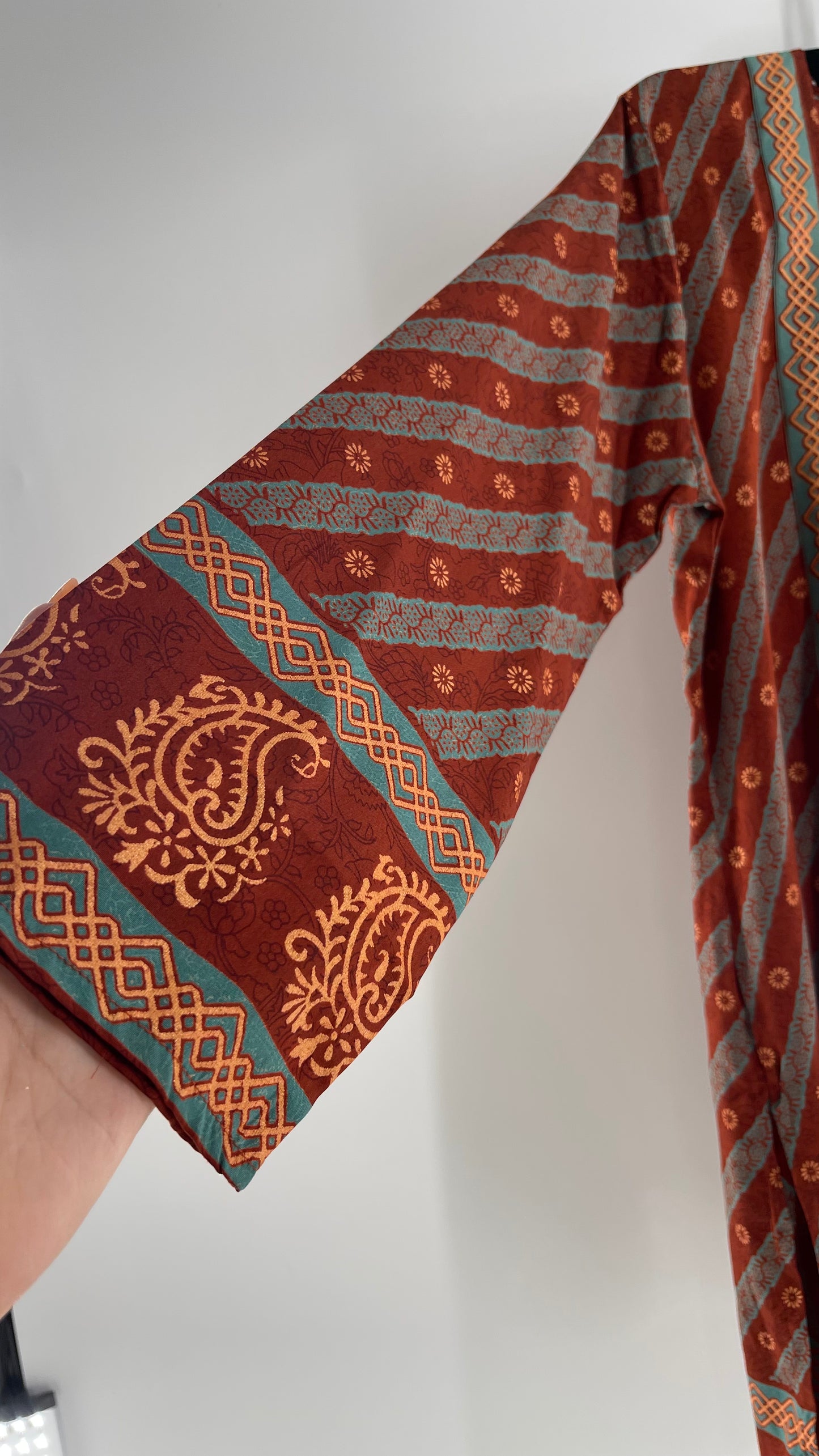 Vintage 1970s Indian 100% Silk Tunic Burnt Orange, Teal and Gold (40)
