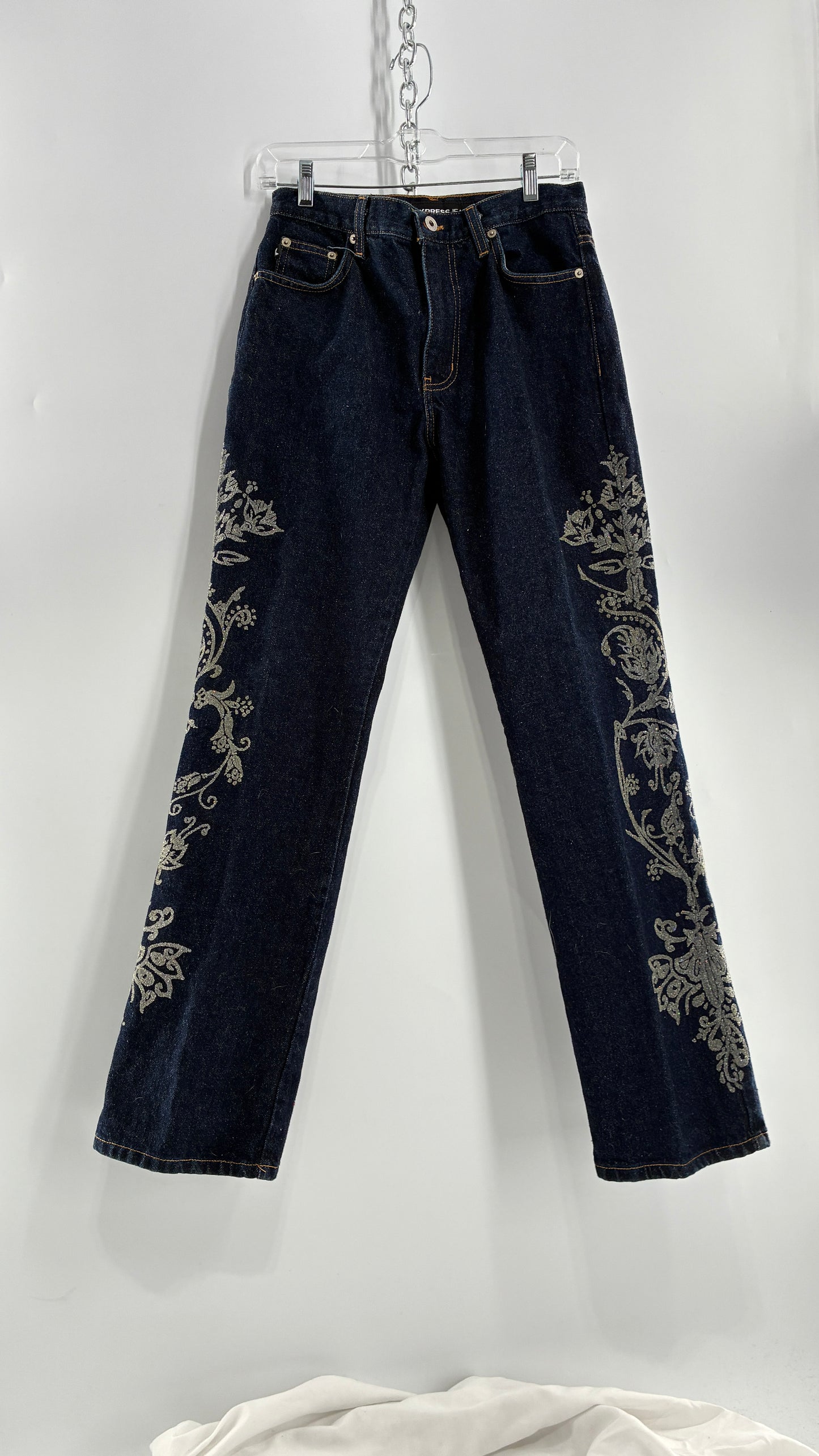 Vintage EXPRESS JEANS Dark Wash with Iridescent, Embellished, Textured Design Running Down Pant Leg (3/4)