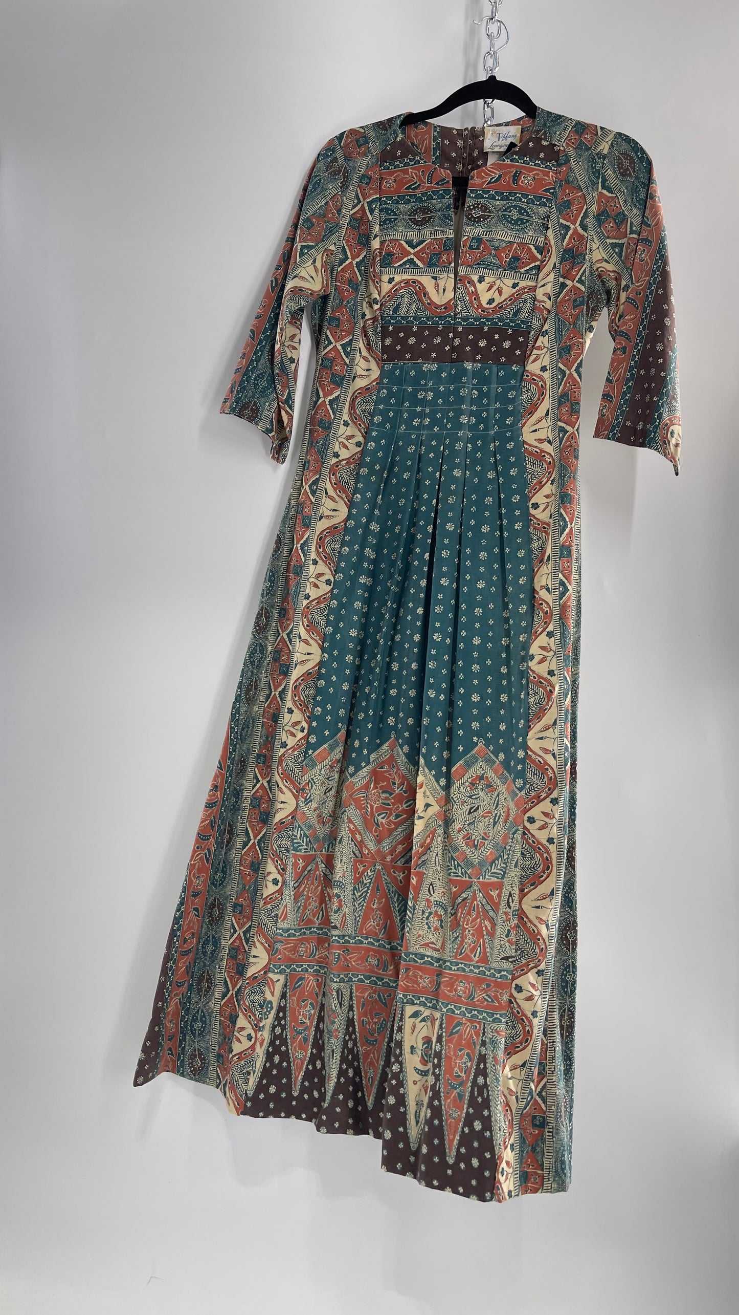 Vintage 1970s Tiffany Loungewear Full Length Brown/Blue Dress (11/12)