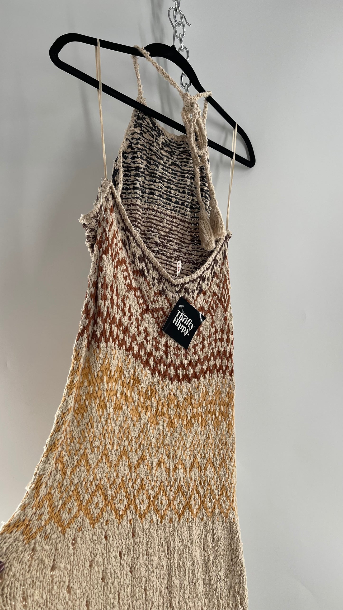 Free People Beige Ikat Oasis Knit Halter Maxi Dress (Small)