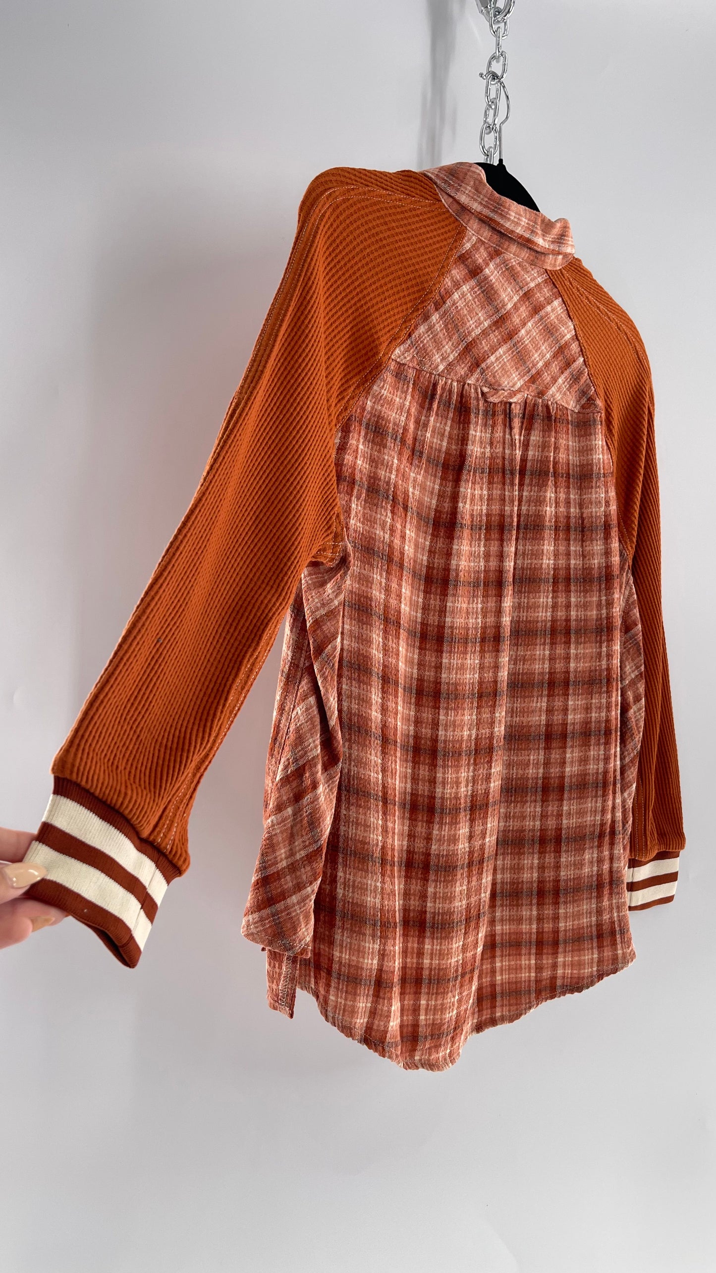 BDG Burnt Orange Flannel with Waffle Knit Sleeves (XS)