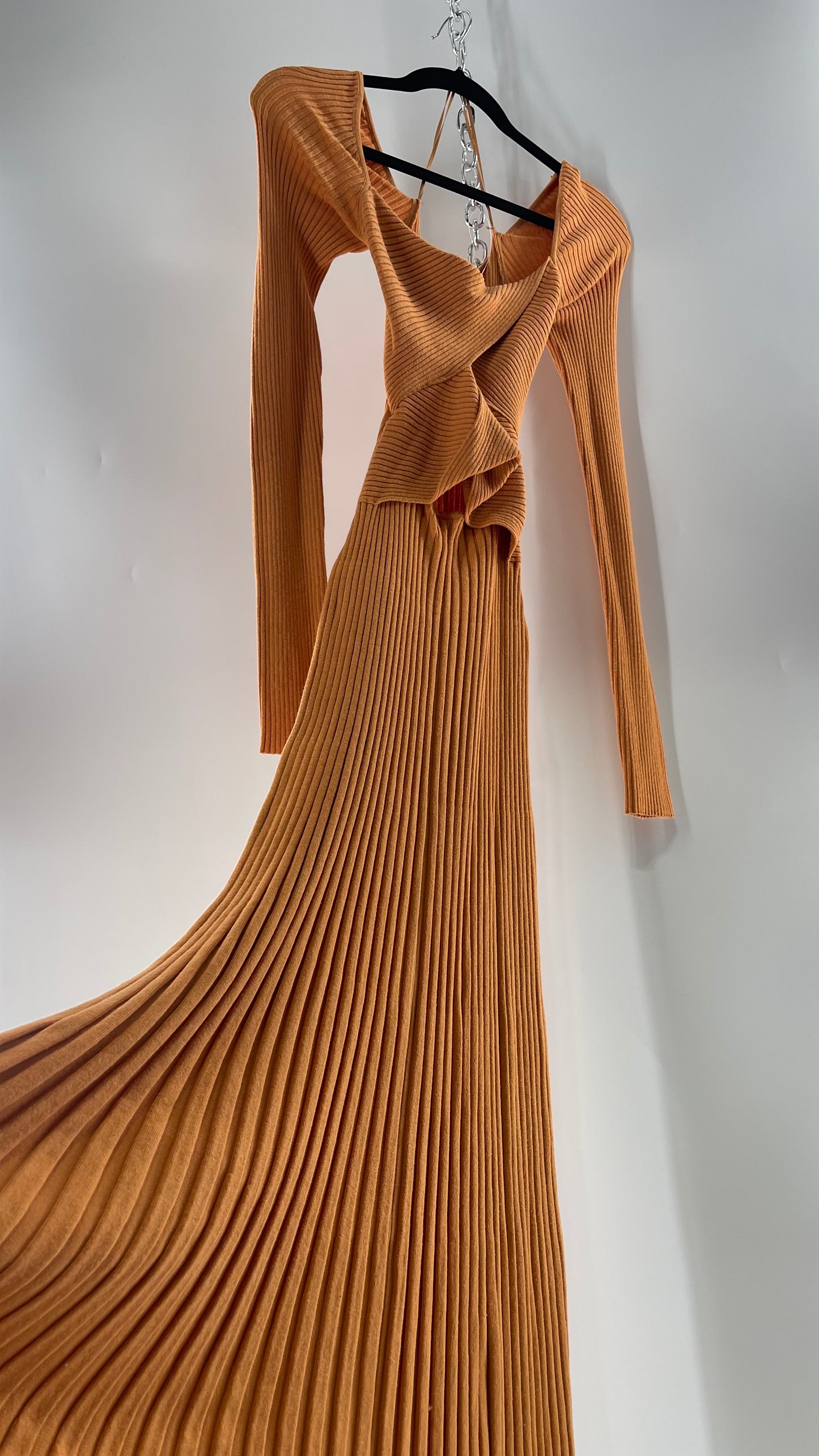 Free People Orange Knit Maxi Dress with Bandage Bust and Exposed Cut Out Midriff (Medium)