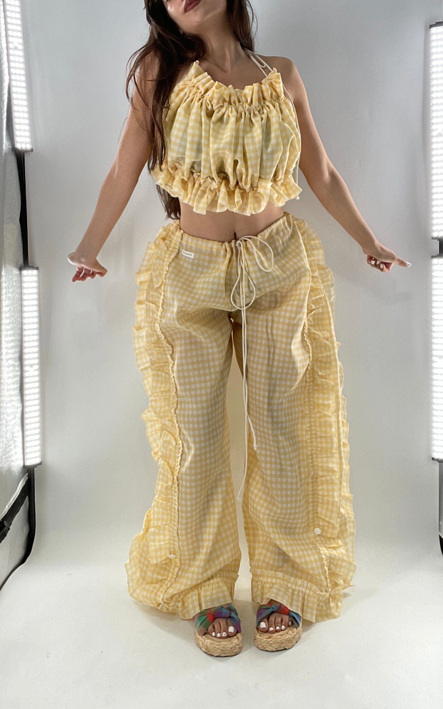 Vintage 2 Piece Yellow Checkered/Gingham Patterned Picnic Set with Ruched Bust Top and Ruffle Side Wide Legs with Adjustable Length, Strap Up Buttons on Hem (One Size)