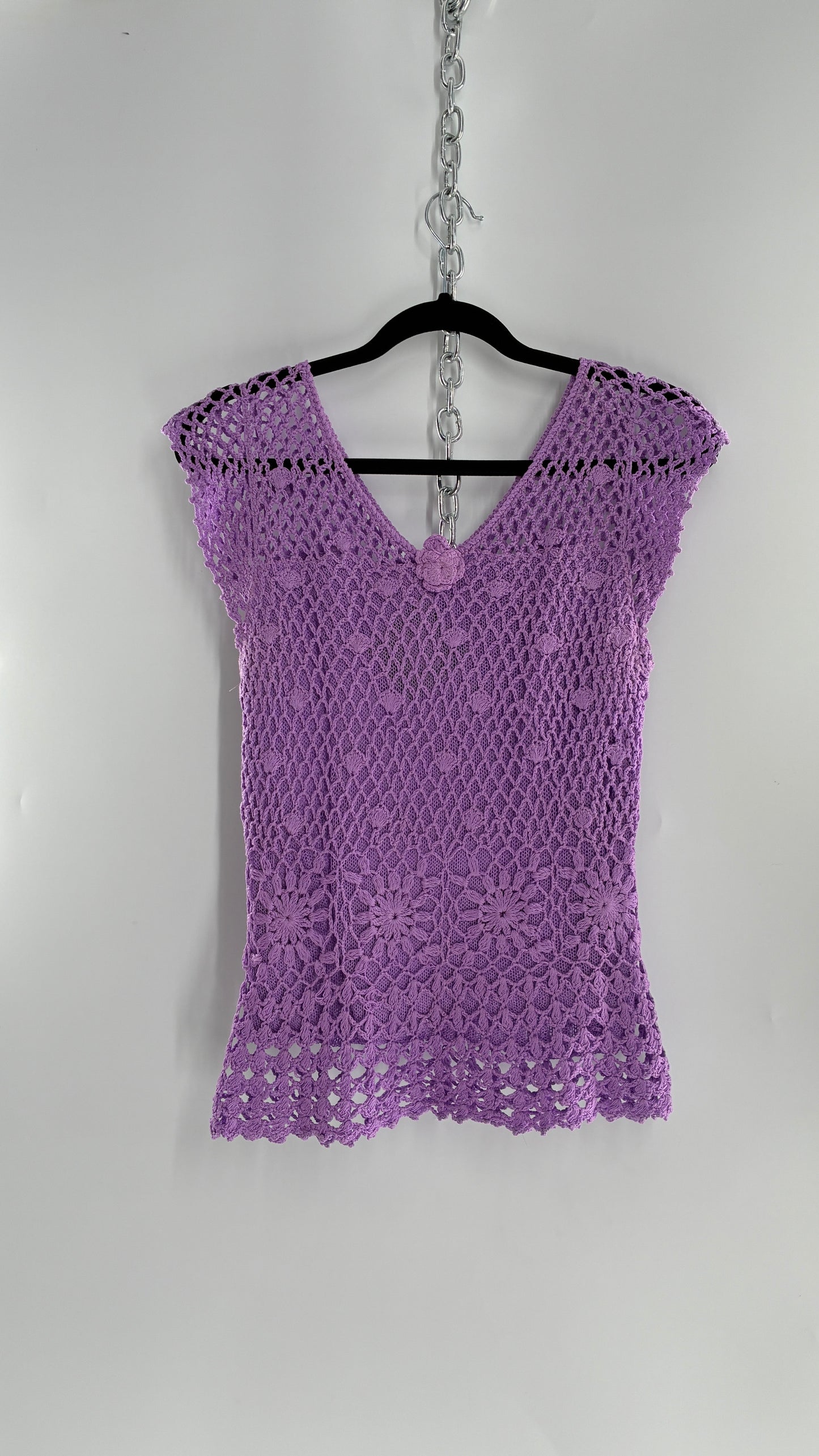Vintage Lilac/Lavender Handmade Crochet Short Sleeve Double Layered Blouse with Rosette (S/M, stretchy)