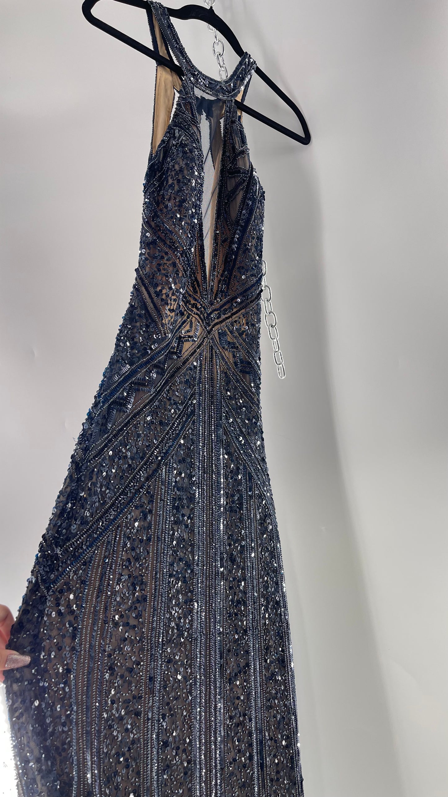 Vintage SCALA Navy Blue Beaded Floor Length Gown with Plunging Neckline, Backless Detail, and Tan Underlay (C)(4)