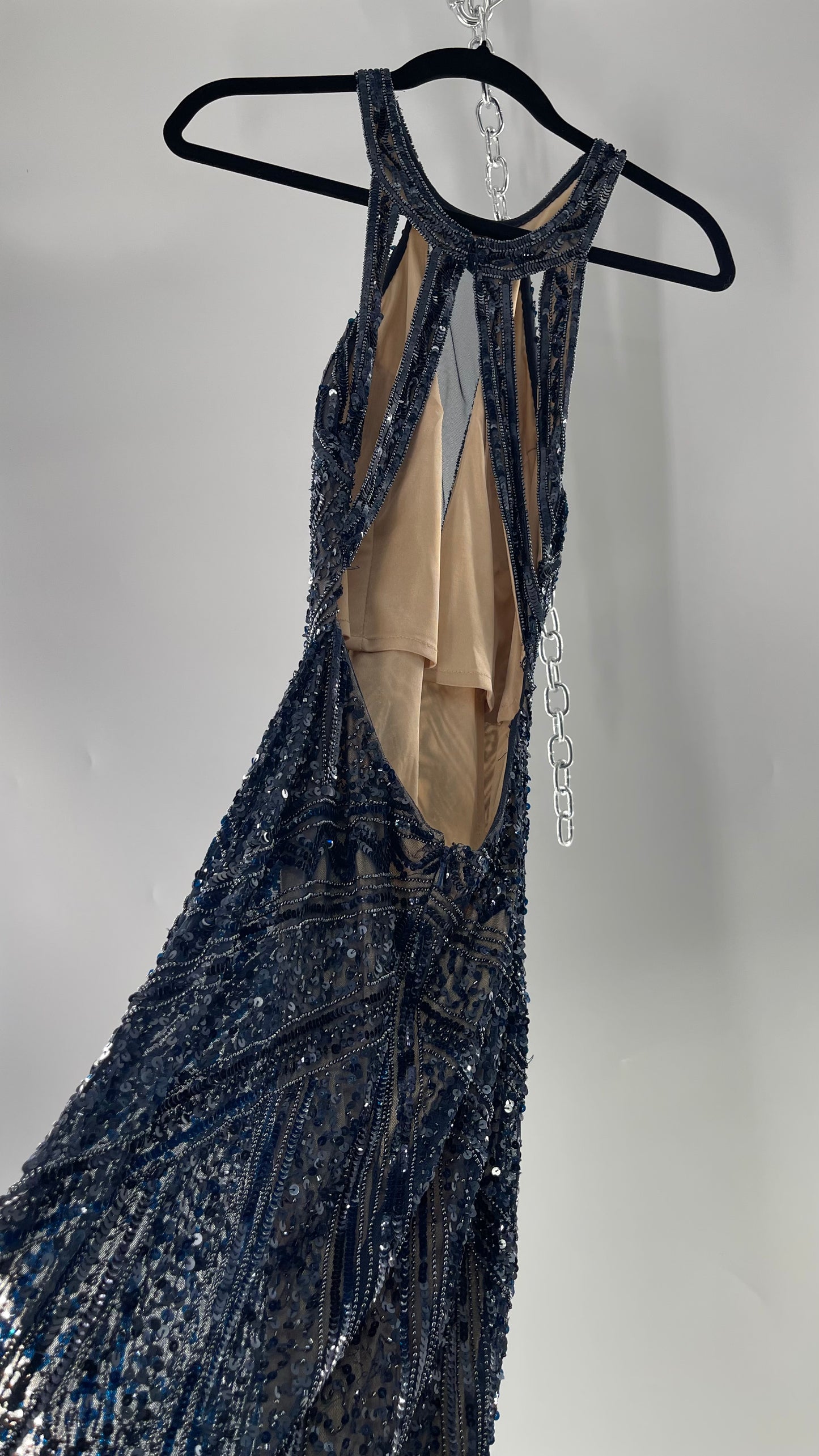 Vintage SCALA Navy Blue Beaded Floor Length Gown with Plunging Neckline, Backless Detail, and Tan Underlay (C)(4)