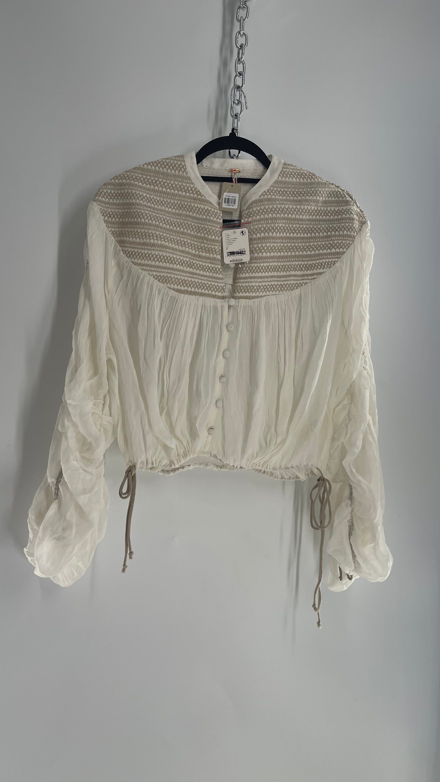 Free People Off White Draped Sleeve Button Front Embroidered Neckline Blouse with Tags Attached (Small)